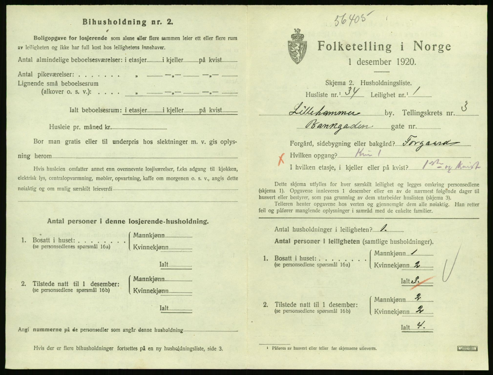 SAH, 1920 census for Lillehammer, 1920, p. 1872