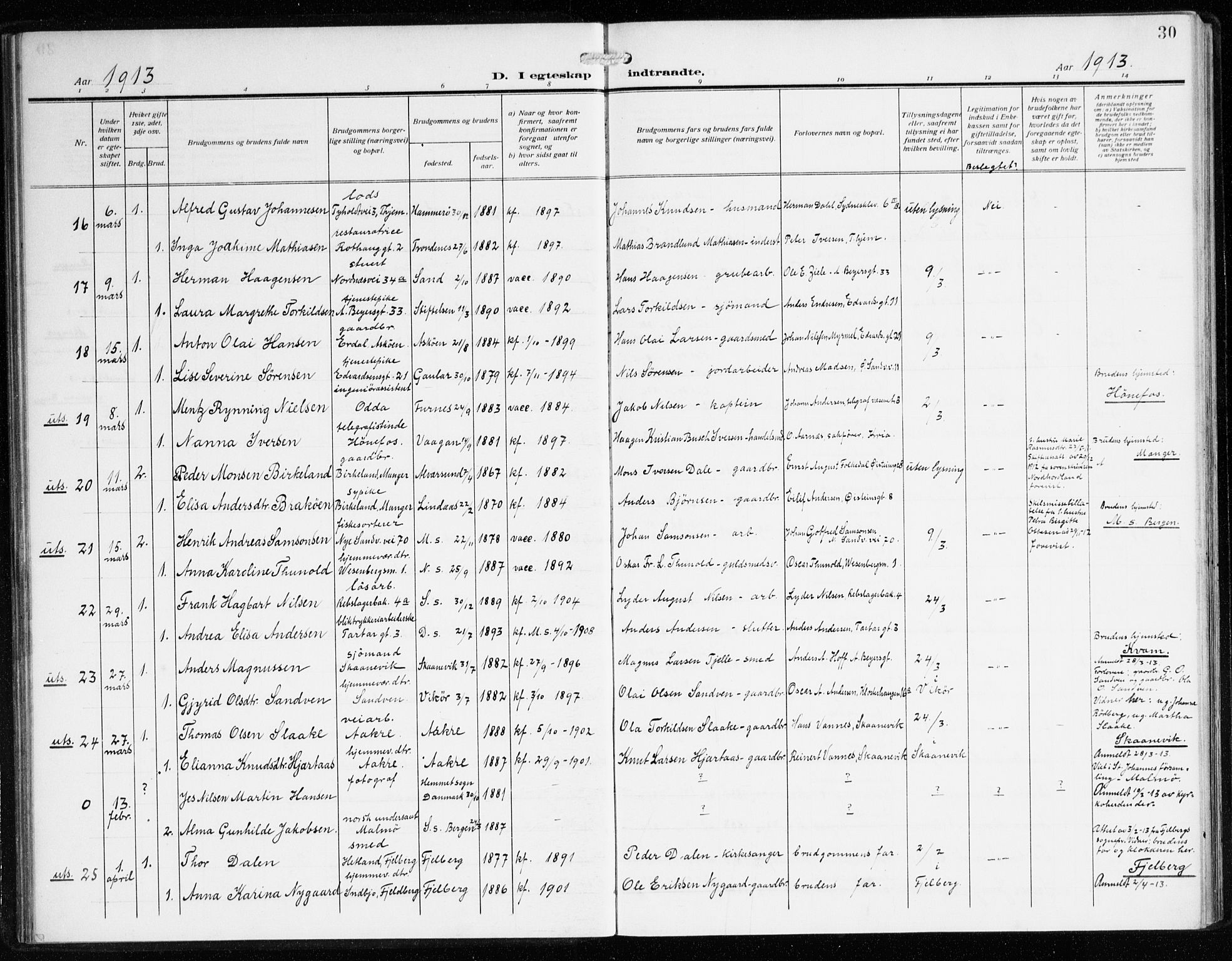 Sandviken Sokneprestembete, AV/SAB-A-77601/H/Ha/L0015: Parish register (official) no. D 2, 1911-1923, p. 30