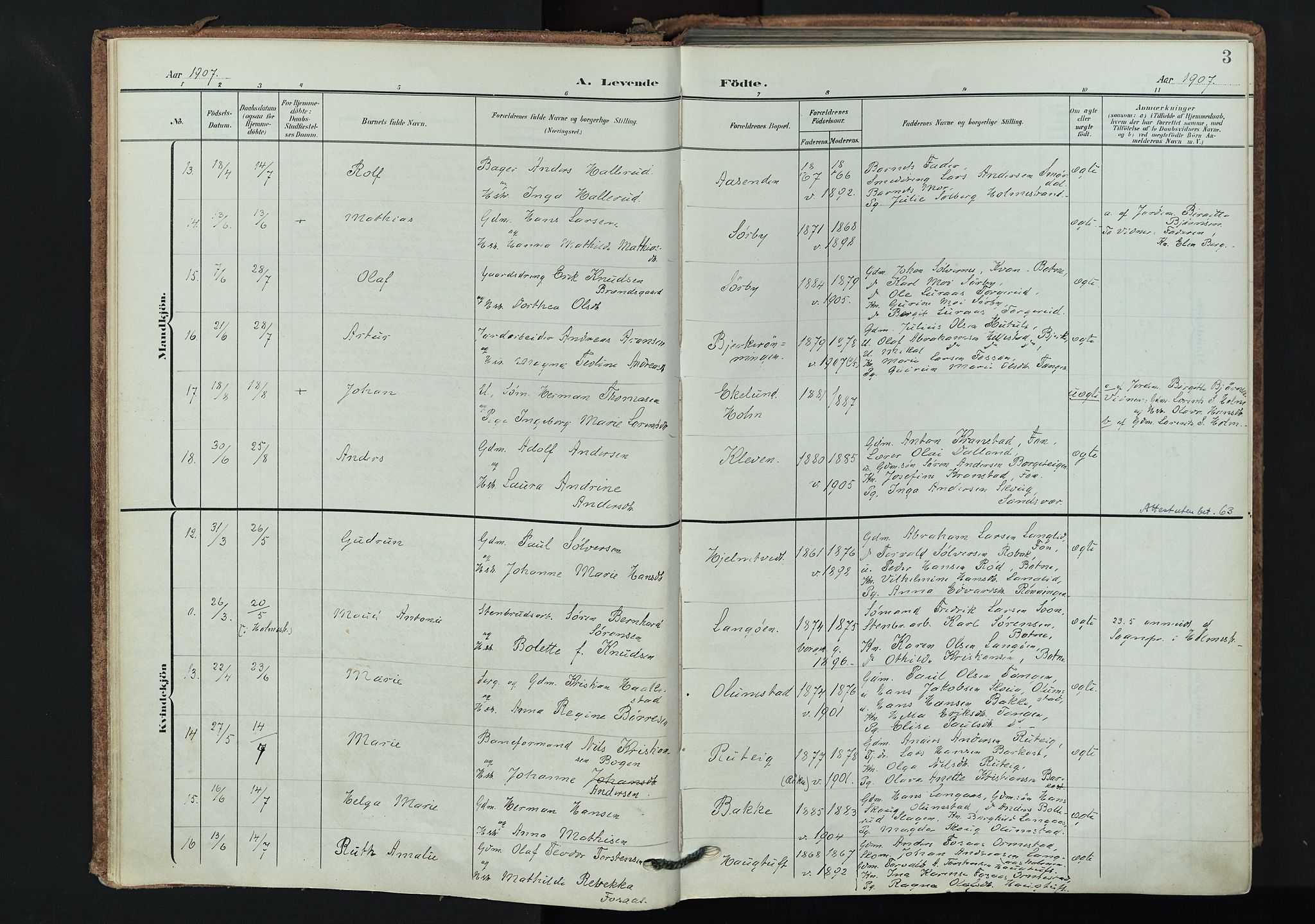 Våle kirkebøker, AV/SAKO-A-334/F/Fa/L0012: Parish register (official) no. I 12, 1907-1934, p. 3