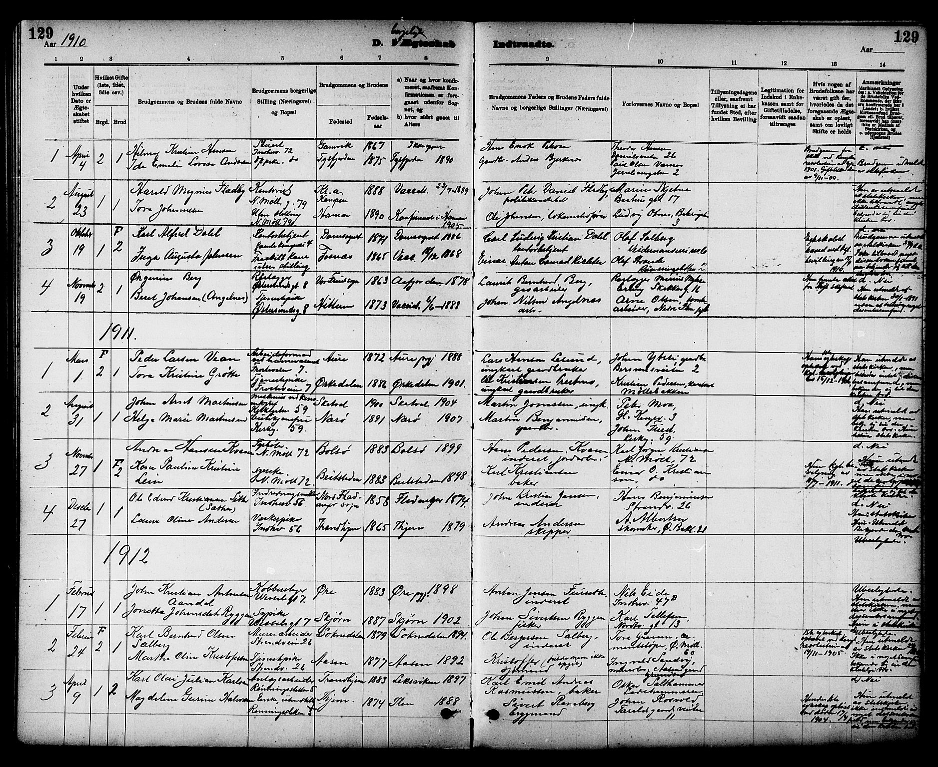 Ministerialprotokoller, klokkerbøker og fødselsregistre - Sør-Trøndelag, SAT/A-1456/605/L0255: Parish register (copy) no. 605C02, 1908-1918, p. 129