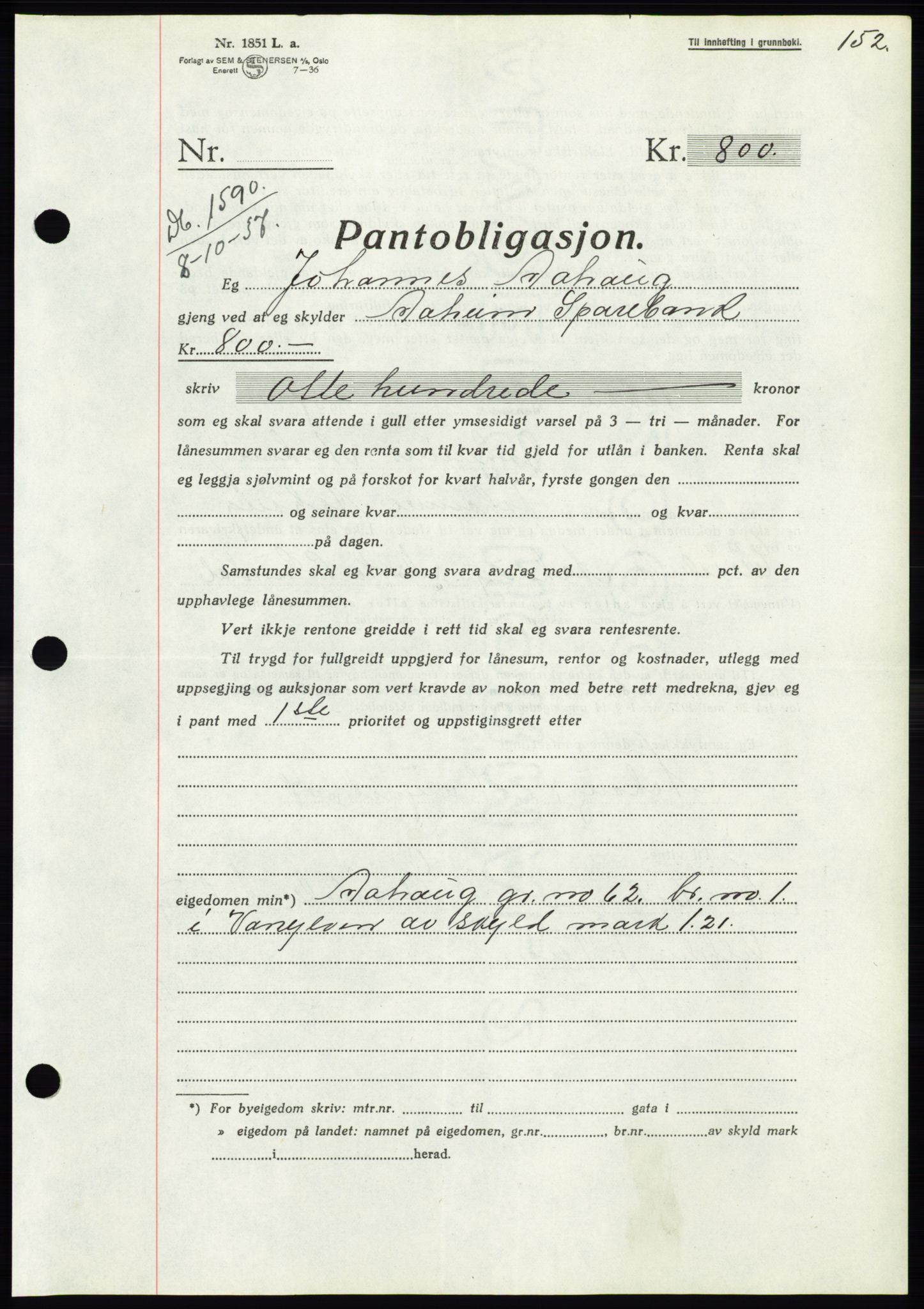 Søre Sunnmøre sorenskriveri, AV/SAT-A-4122/1/2/2C/L0064: Mortgage book no. 58, 1937-1938, Diary no: : 1590/1937