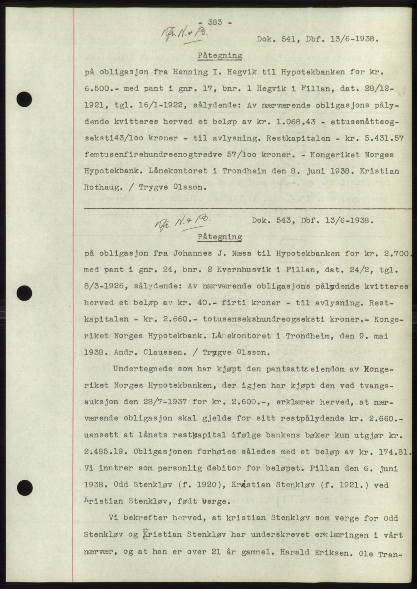 Hitra sorenskriveri, AV/SAT-A-0018/2/2C/2Ca: Mortgage book no. C1, 1936-1945, Diary no: : 541/1938