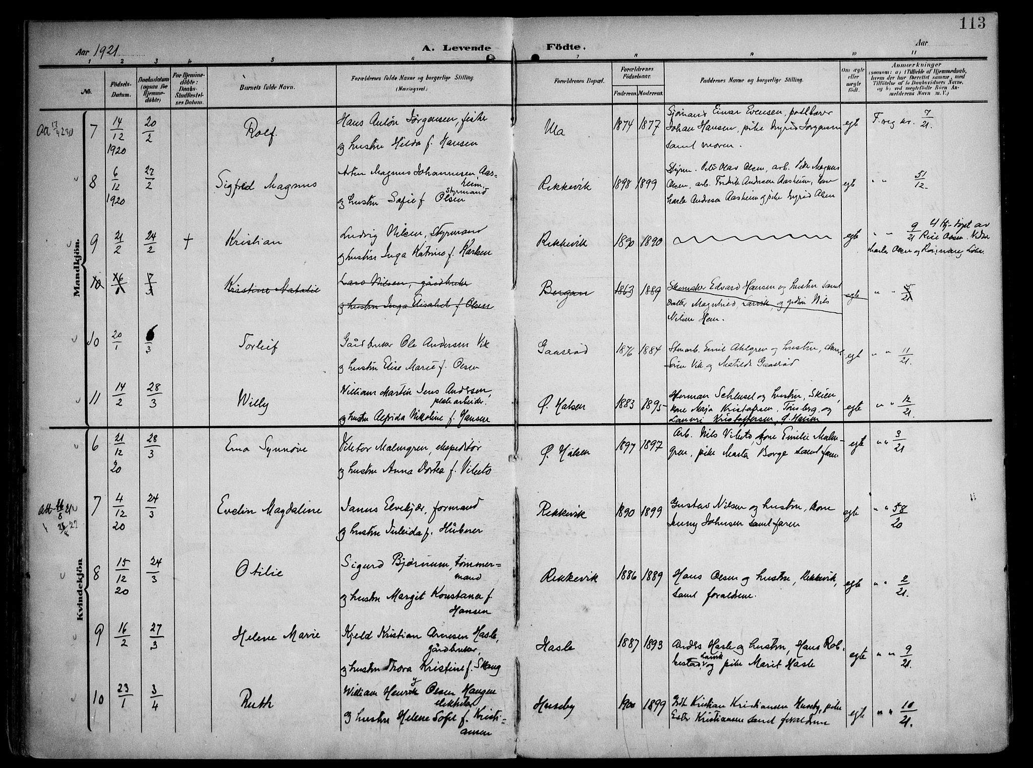 Tjølling kirkebøker, AV/SAKO-A-60/F/Fa/L0010: Parish register (official) no. 10, 1906-1923, p. 113