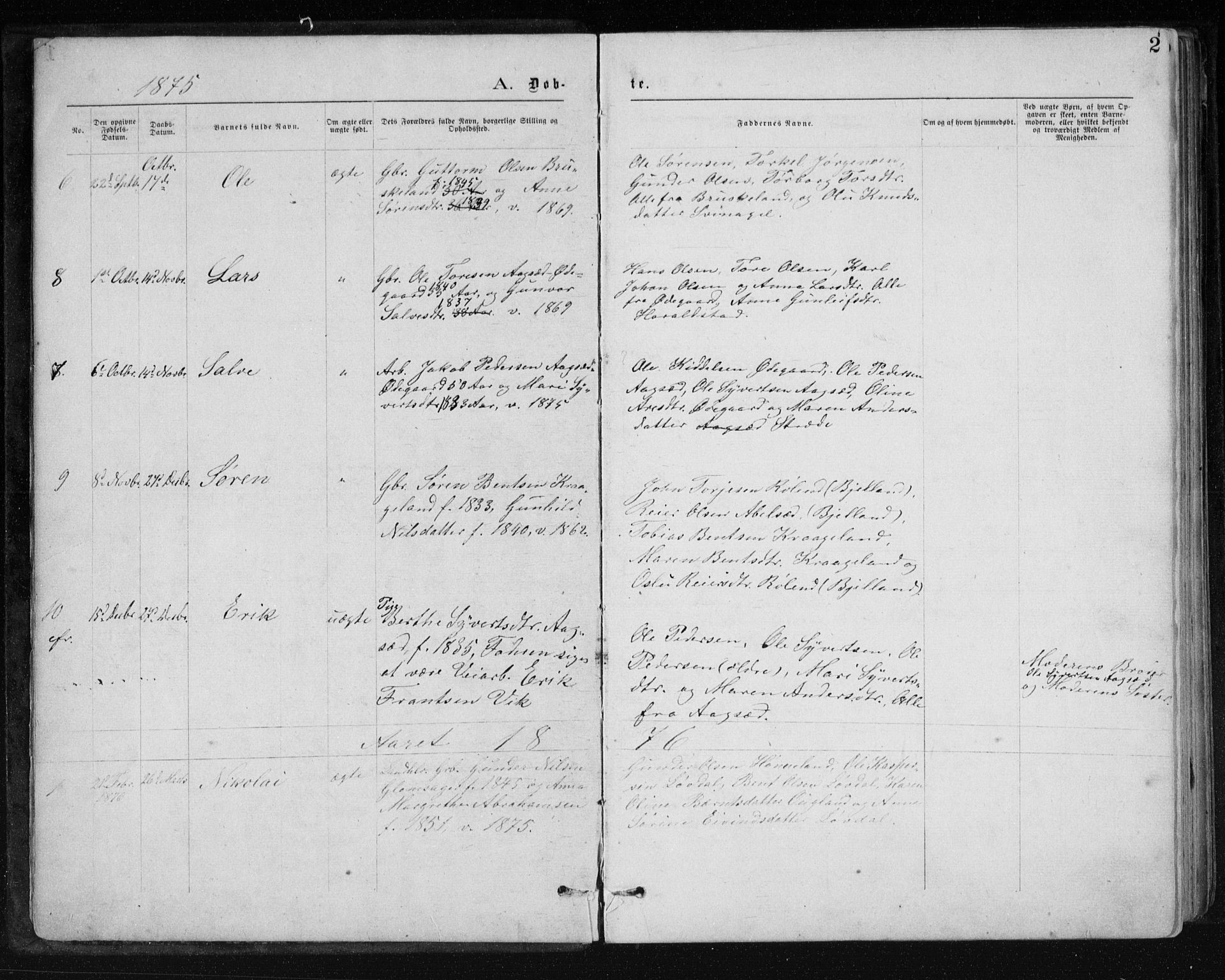 Holum sokneprestkontor, AV/SAK-1111-0022/F/Fb/Fbb/L0003: Parish register (copy) no. B 3, 1875-1898, p. 2