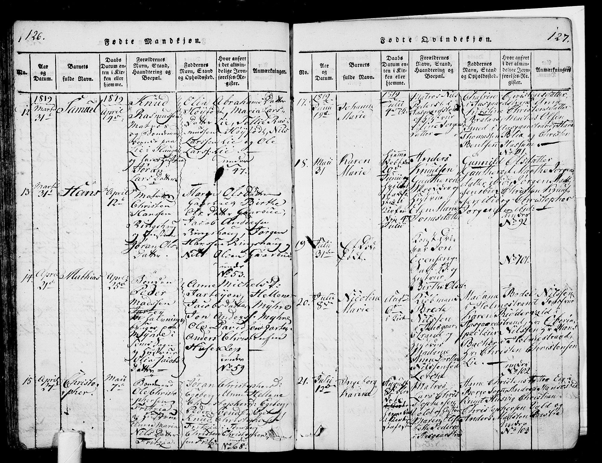 Sem kirkebøker, AV/SAKO-A-5/G/Ga/L0001: Parish register (copy) no. I 1, 1814-1825, p. 126-127