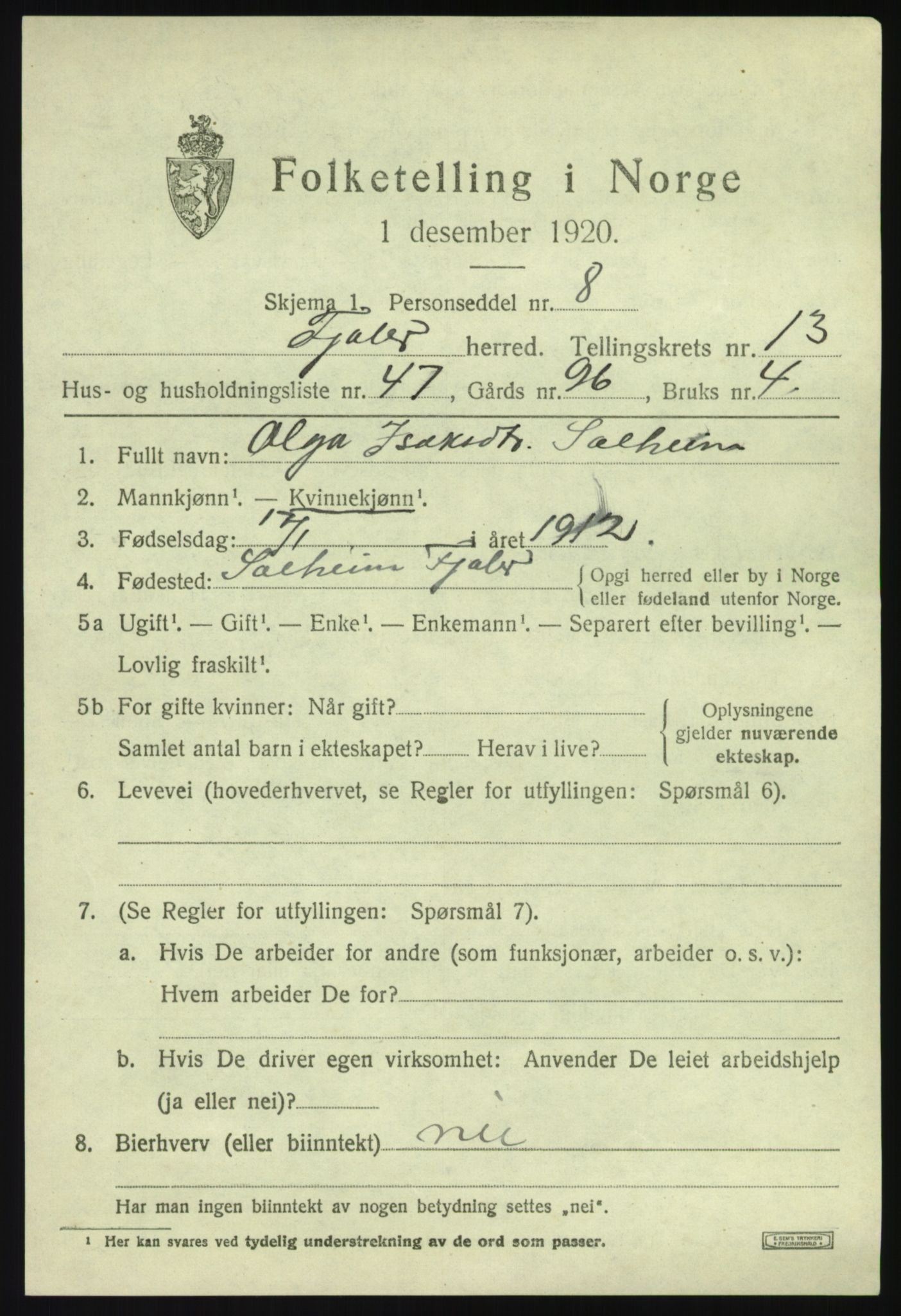 SAB, 1920 census for Fjaler, 1920, p. 7793