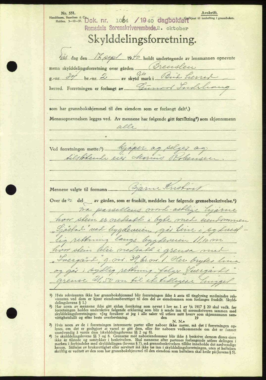 Romsdal sorenskriveri, AV/SAT-A-4149/1/2/2C: Mortgage book no. A8, 1939-1940, Diary no: : 1064/1940