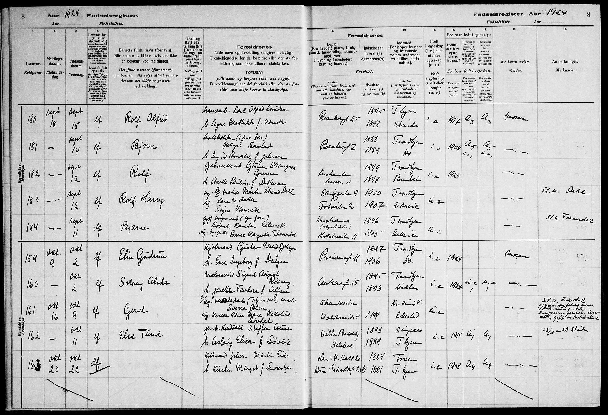 Ministerialprotokoller, klokkerbøker og fødselsregistre - Sør-Trøndelag, AV/SAT-A-1456/600/L0004: Birth register no. 600.II.4.3, 1924-1928, p. 8