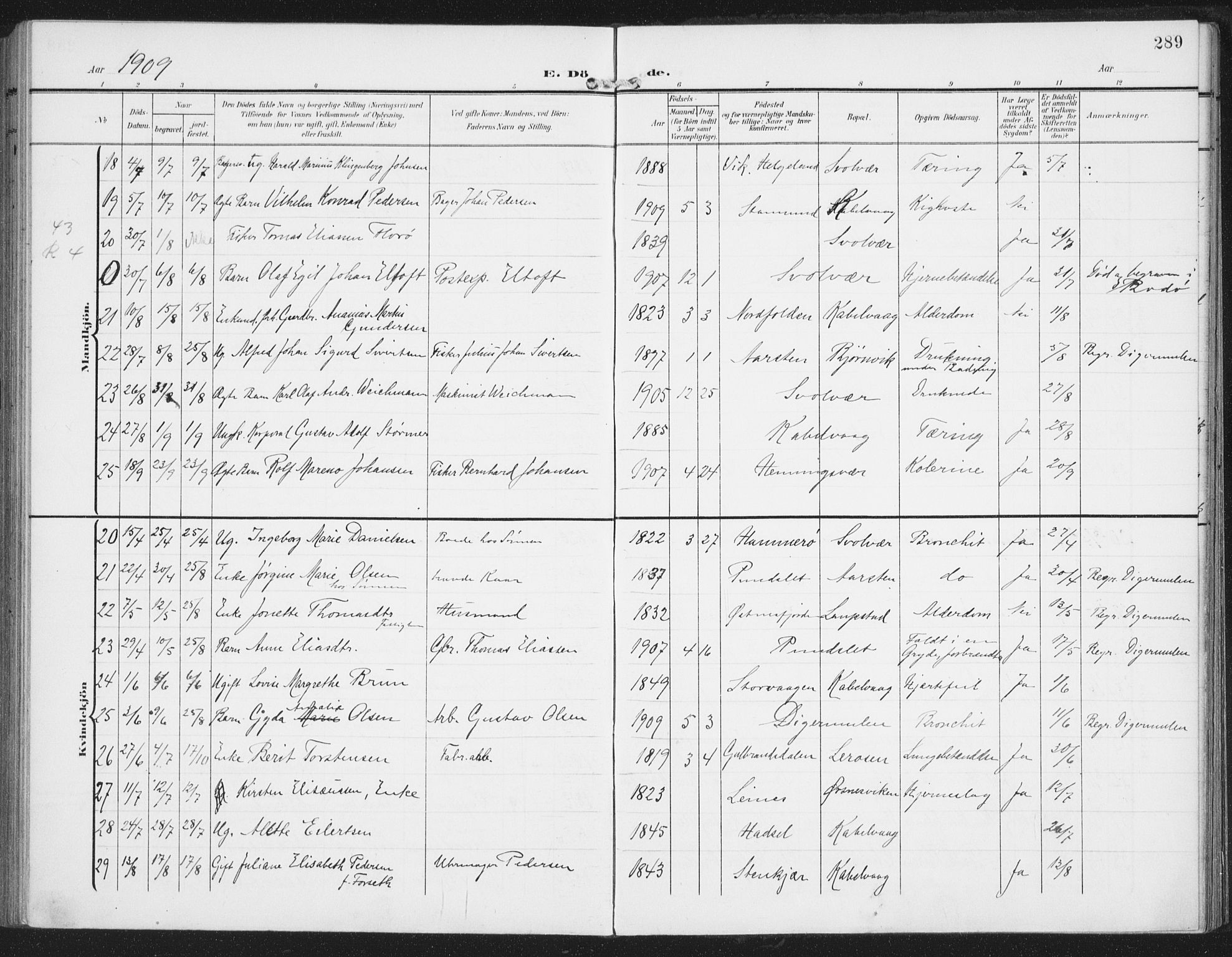 Ministerialprotokoller, klokkerbøker og fødselsregistre - Nordland, AV/SAT-A-1459/874/L1063: Parish register (official) no. 874A07, 1907-1915, p. 289