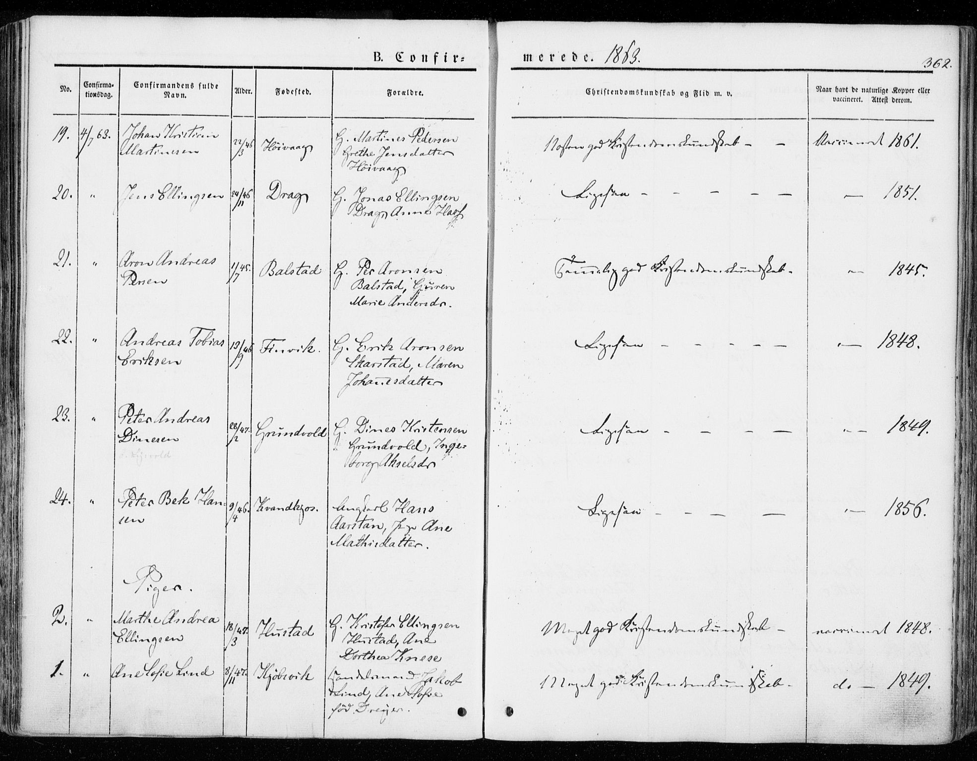 Ministerialprotokoller, klokkerbøker og fødselsregistre - Nordland, AV/SAT-A-1459/872/L1033: Parish register (official) no. 872A08, 1840-1863, p. 362