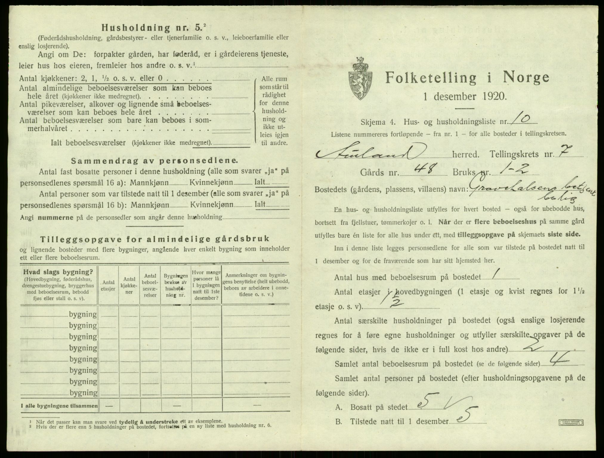 SAB, 1920 census for Aurland, 1920, p. 579