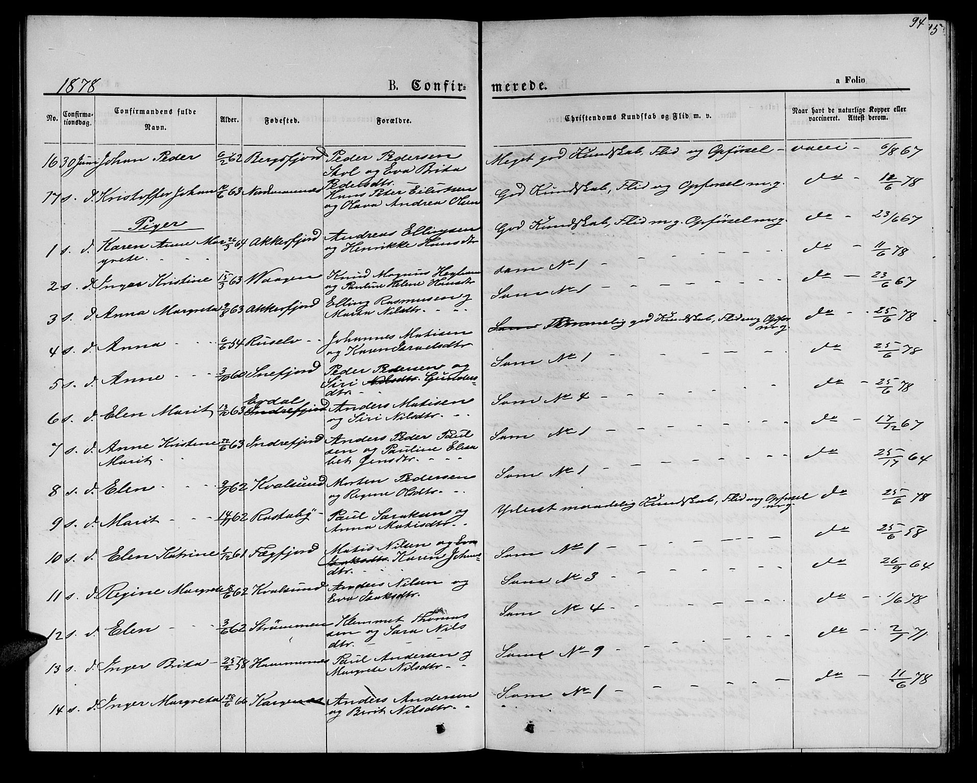 Hammerfest sokneprestkontor, AV/SATØ-S-1347/H/Hb/L0005.klokk: Parish register (copy) no. 5, 1869-1884, p. 94