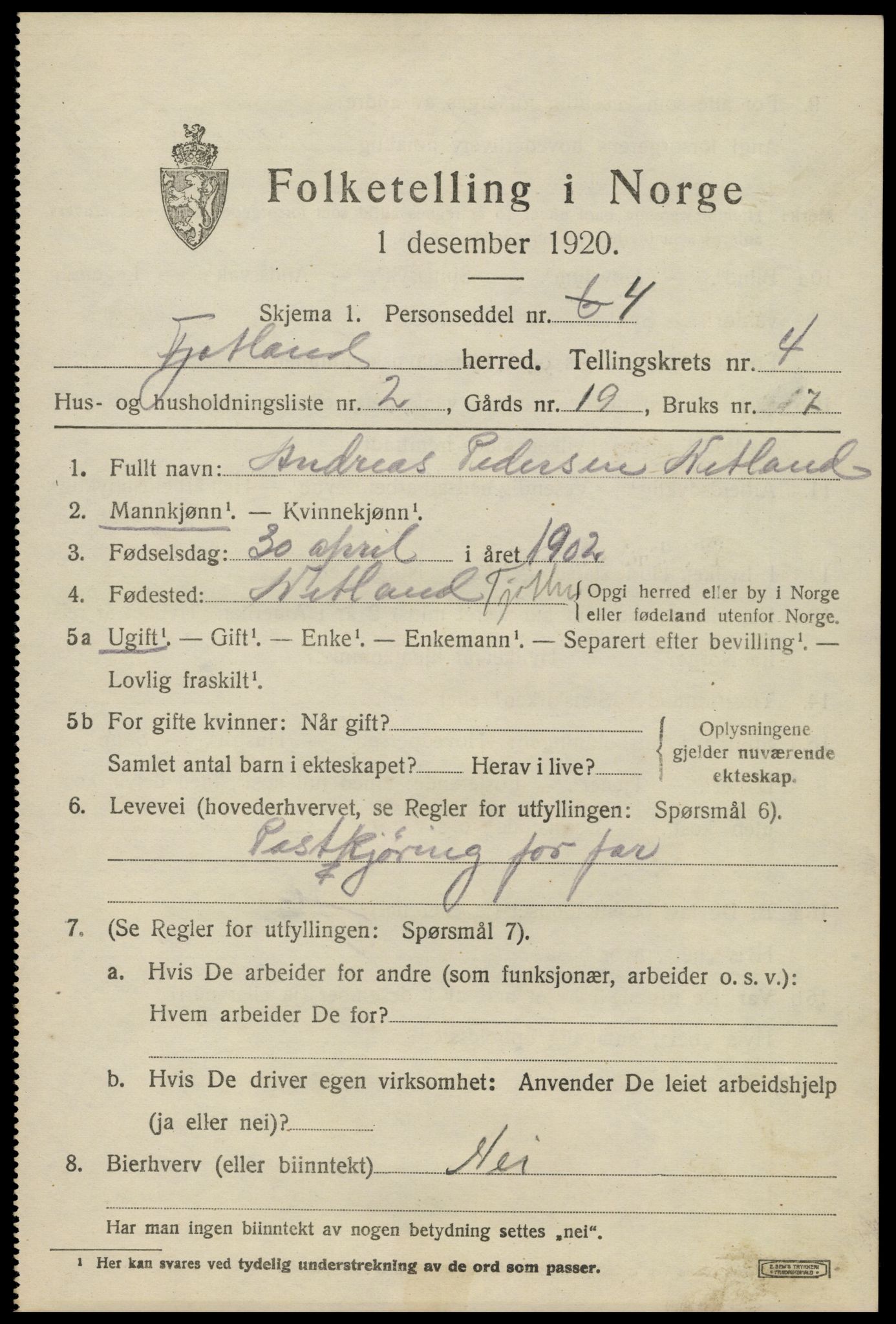 SAK, 1920 census for Fjotland, 1920, p. 1200