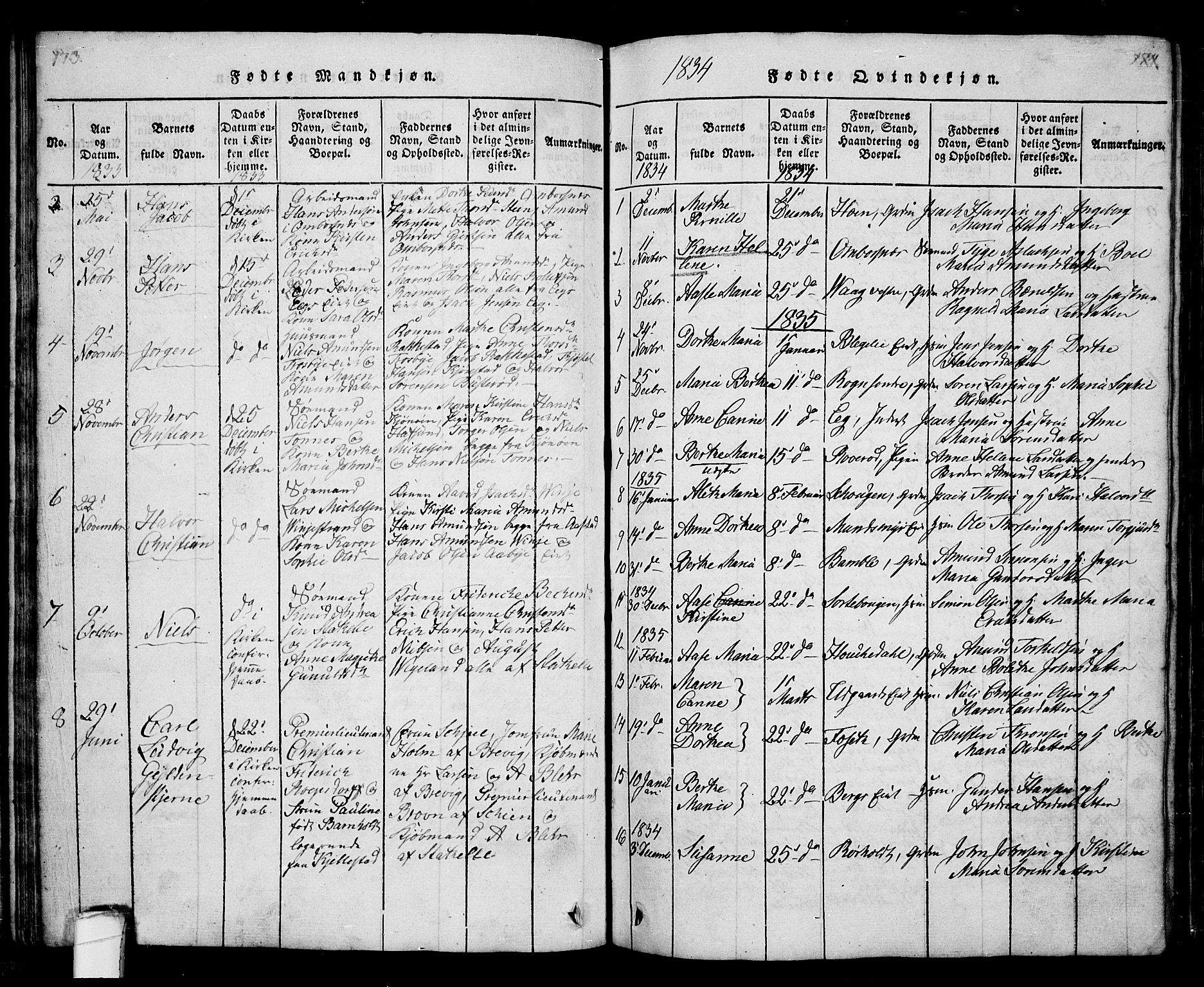 Bamble kirkebøker, AV/SAKO-A-253/G/Ga/L0005: Parish register (copy) no. I 5, 1814-1855, p. 173-174