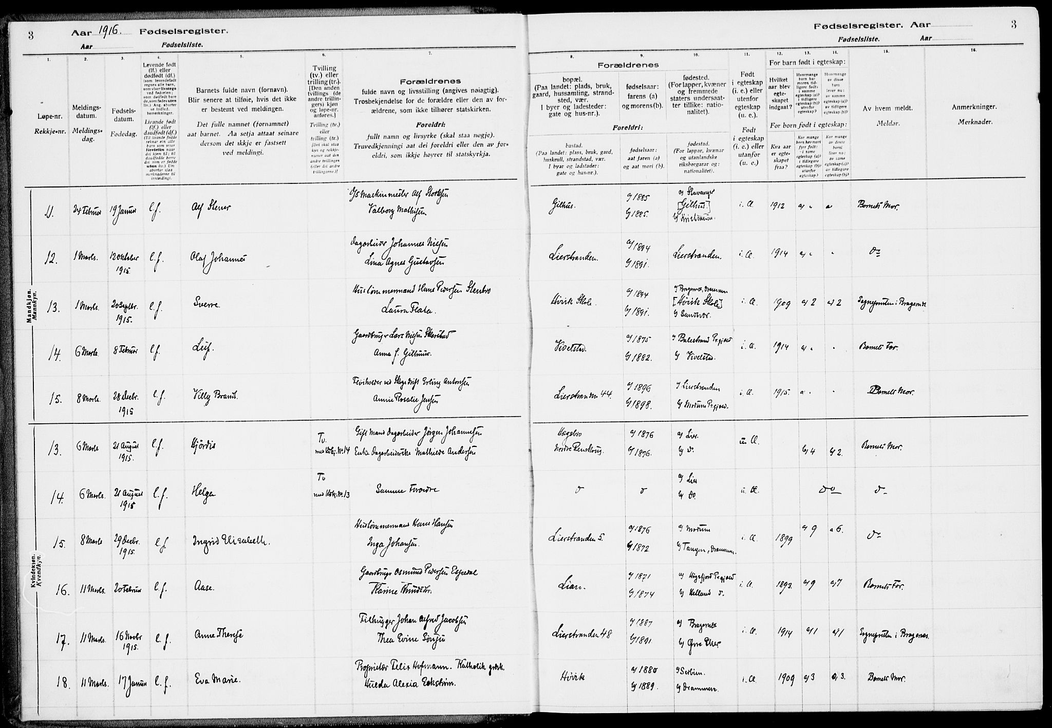 Lier kirkebøker, AV/SAKO-A-230/J/Ja/L0001: Birth register no. 1, 1916-1928, p. 3