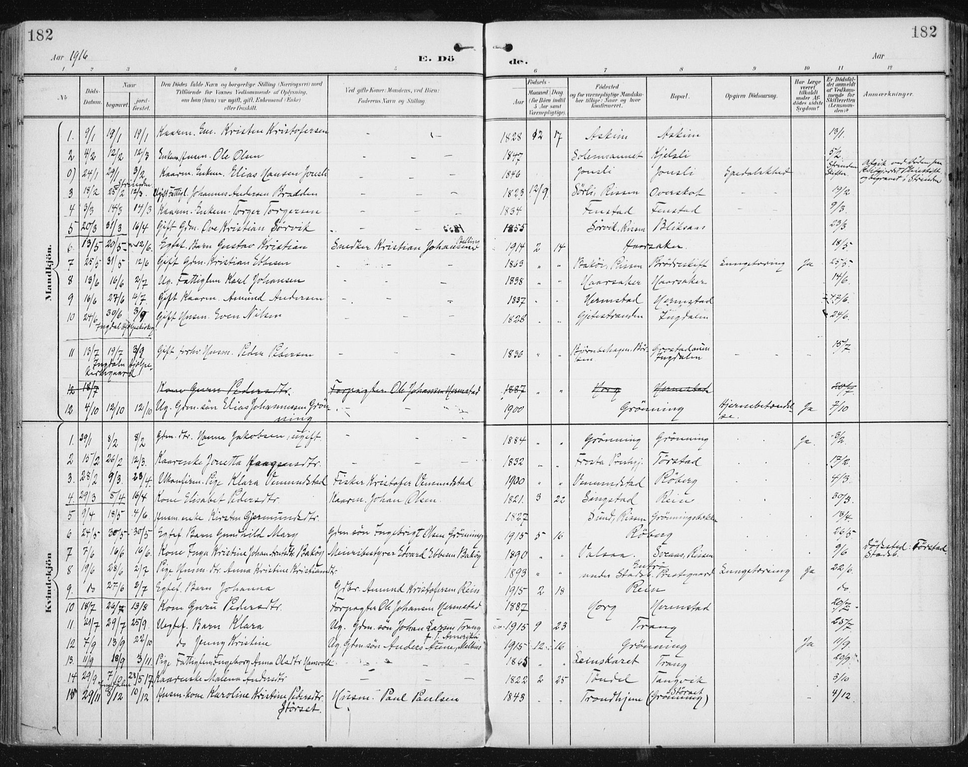 Ministerialprotokoller, klokkerbøker og fødselsregistre - Sør-Trøndelag, SAT/A-1456/646/L0616: Parish register (official) no. 646A14, 1900-1918, p. 182