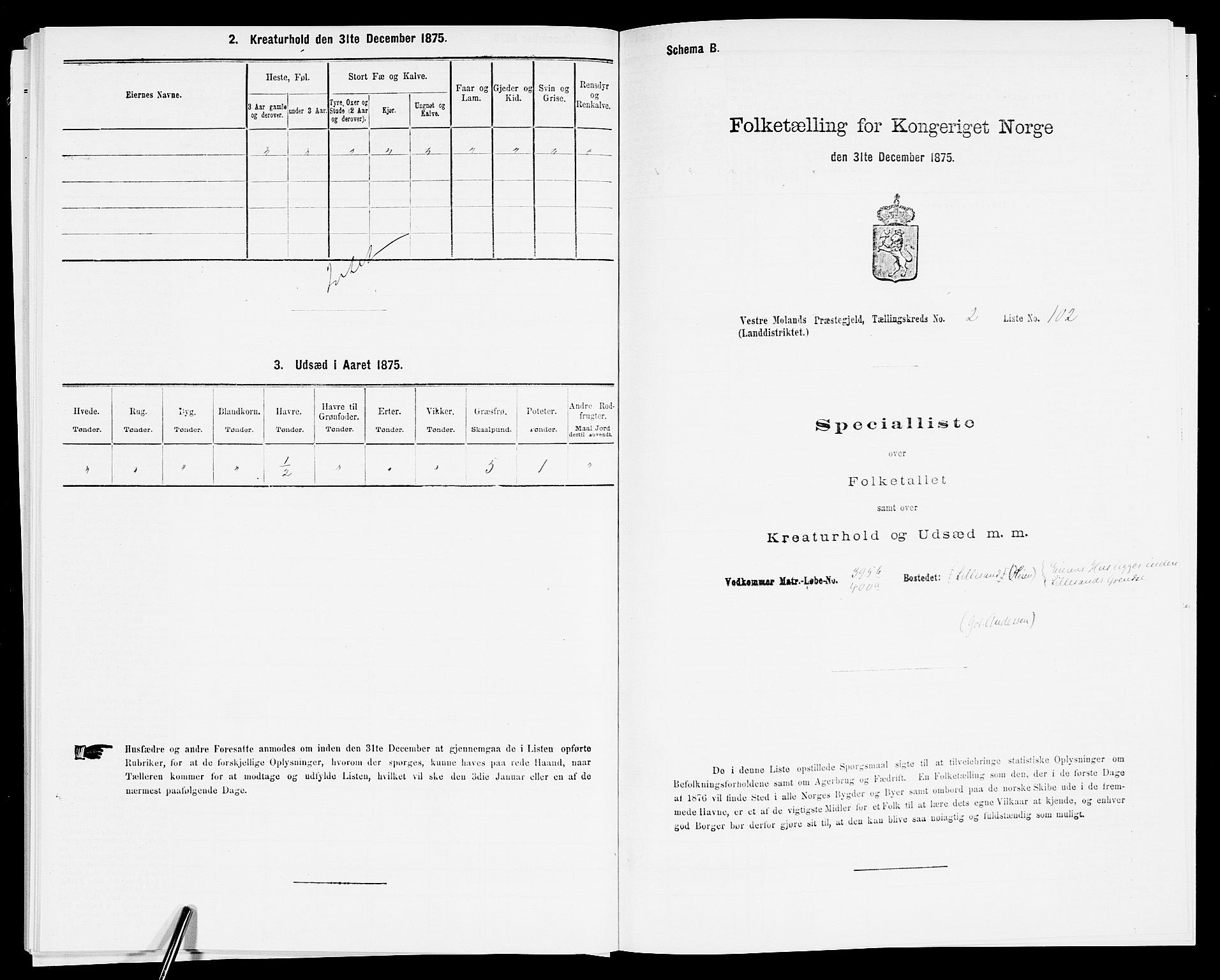 SAK, 1875 census for 0926L Vestre Moland/Vestre Moland, 1875, p. 384