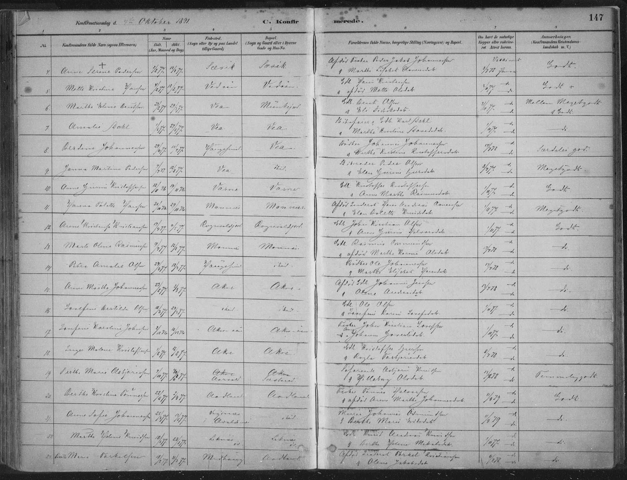 Kopervik sokneprestkontor, AV/SAST-A-101850/H/Ha/Haa/L0004: Parish register (official) no. A 4, 1882-1905, p. 147