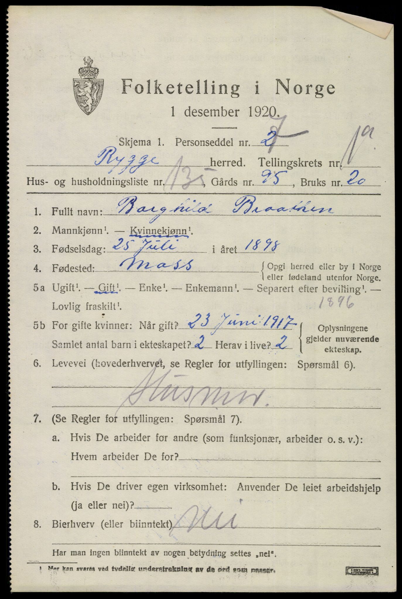 SAO, 1920 census for Rygge, 1920, p. 6027