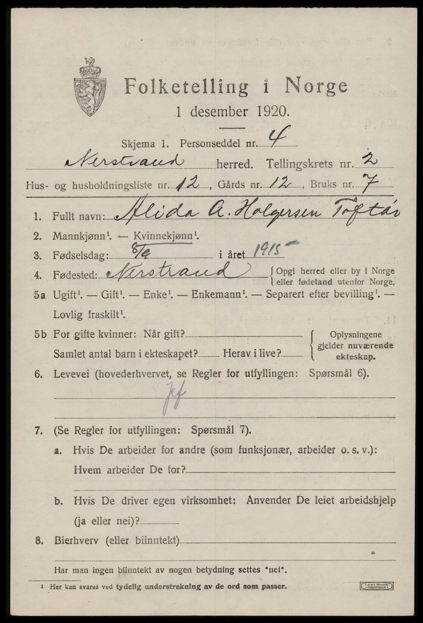 SAST, 1920 census for Nedstrand, 1920, p. 1103