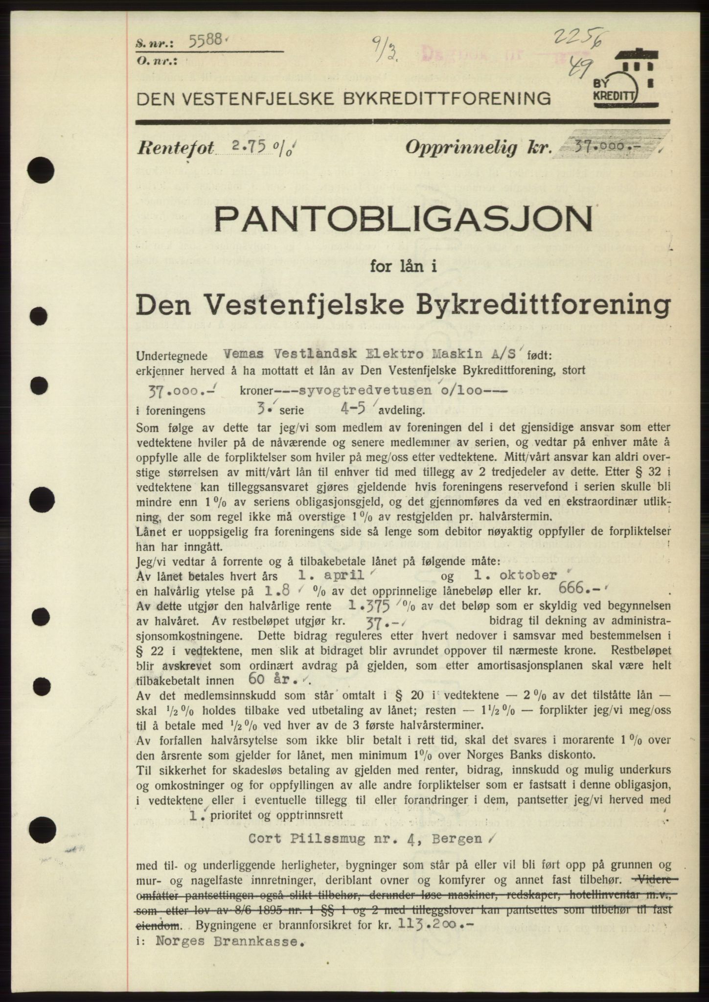 Byfogd og Byskriver i Bergen, AV/SAB-A-3401/03/03Bd/L0003: Mortgage book no. B29-39, 1947-1950, Diary no: : 2256/1949