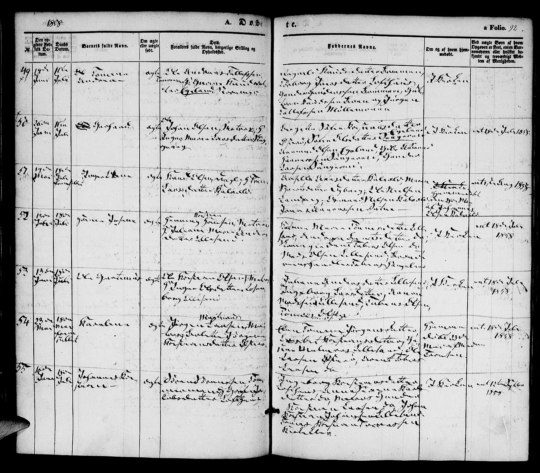 Vestre Moland sokneprestkontor, AV/SAK-1111-0046/F/Fa/Fab/L0006: Parish register (official) no. A 6, 1850-1858, p. 92