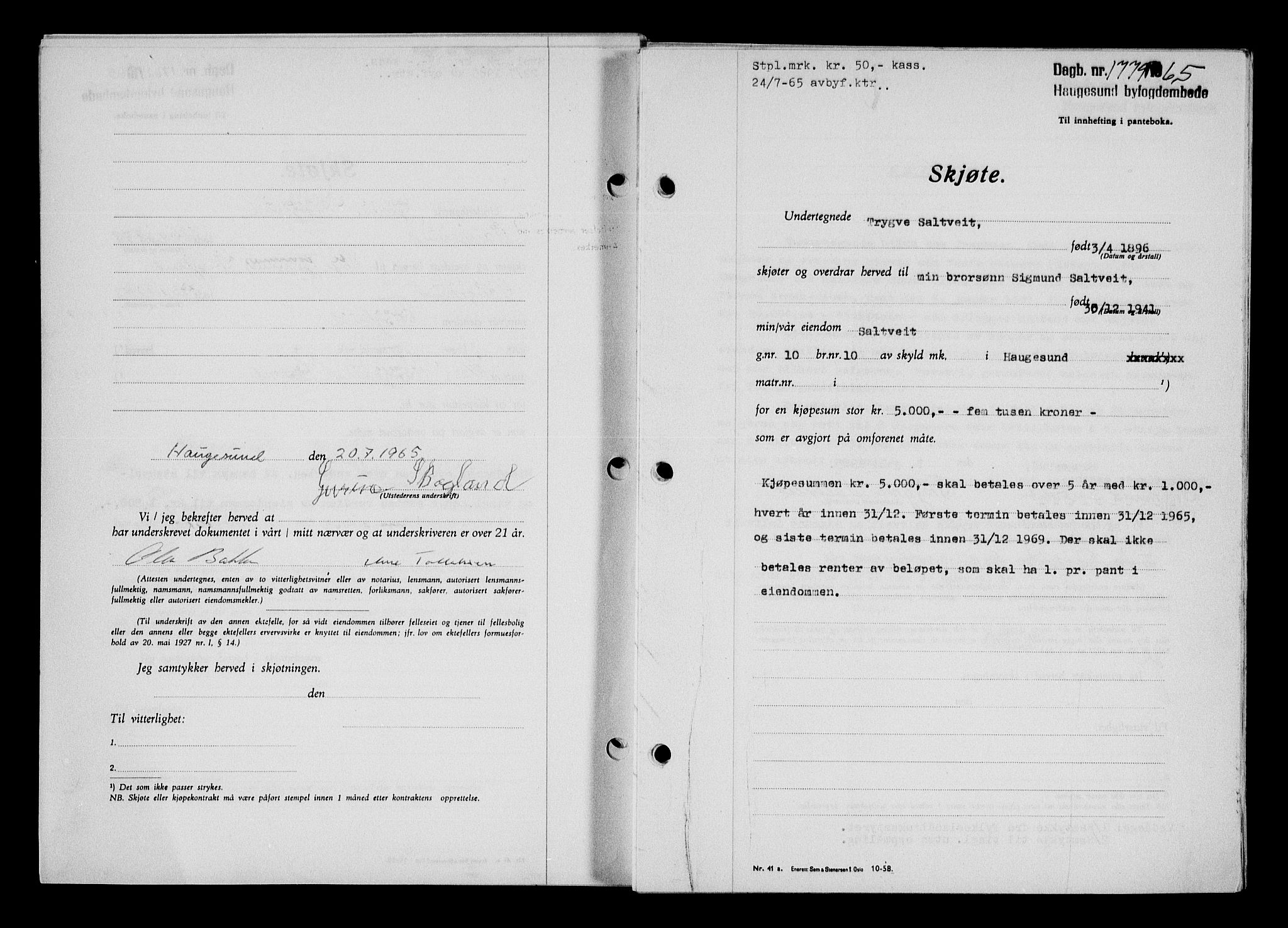 Haugesund tingrett, AV/SAST-A-101415/01/II/IIC/L0076: Mortgage book no. A 17, 1965-1966, Diary no: : 1779/1965