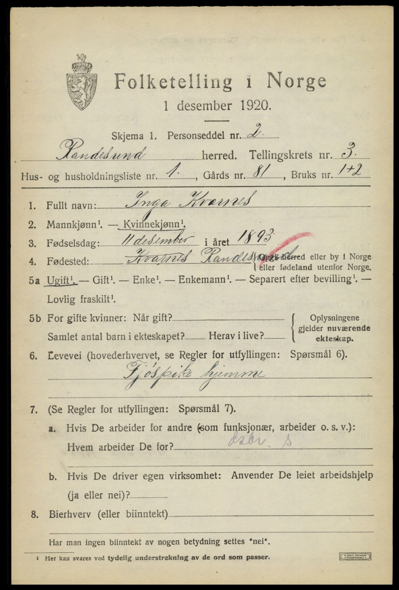 SAK, 1920 census for Randesund, 1920, p. 1454