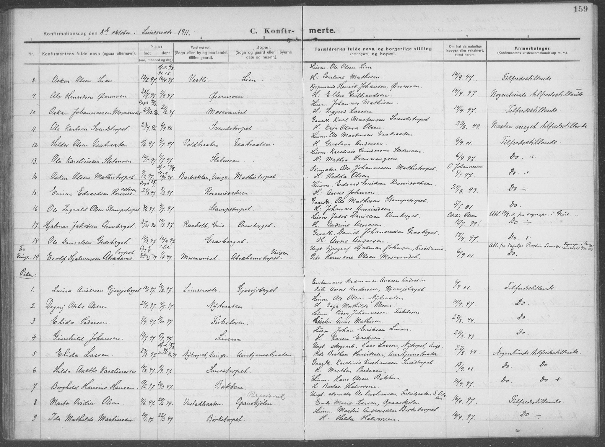 Brandval prestekontor, AV/SAH-PREST-034/H/Ha/Haa/L0004: Parish register (official) no. 4, 1910-1924, p. 159