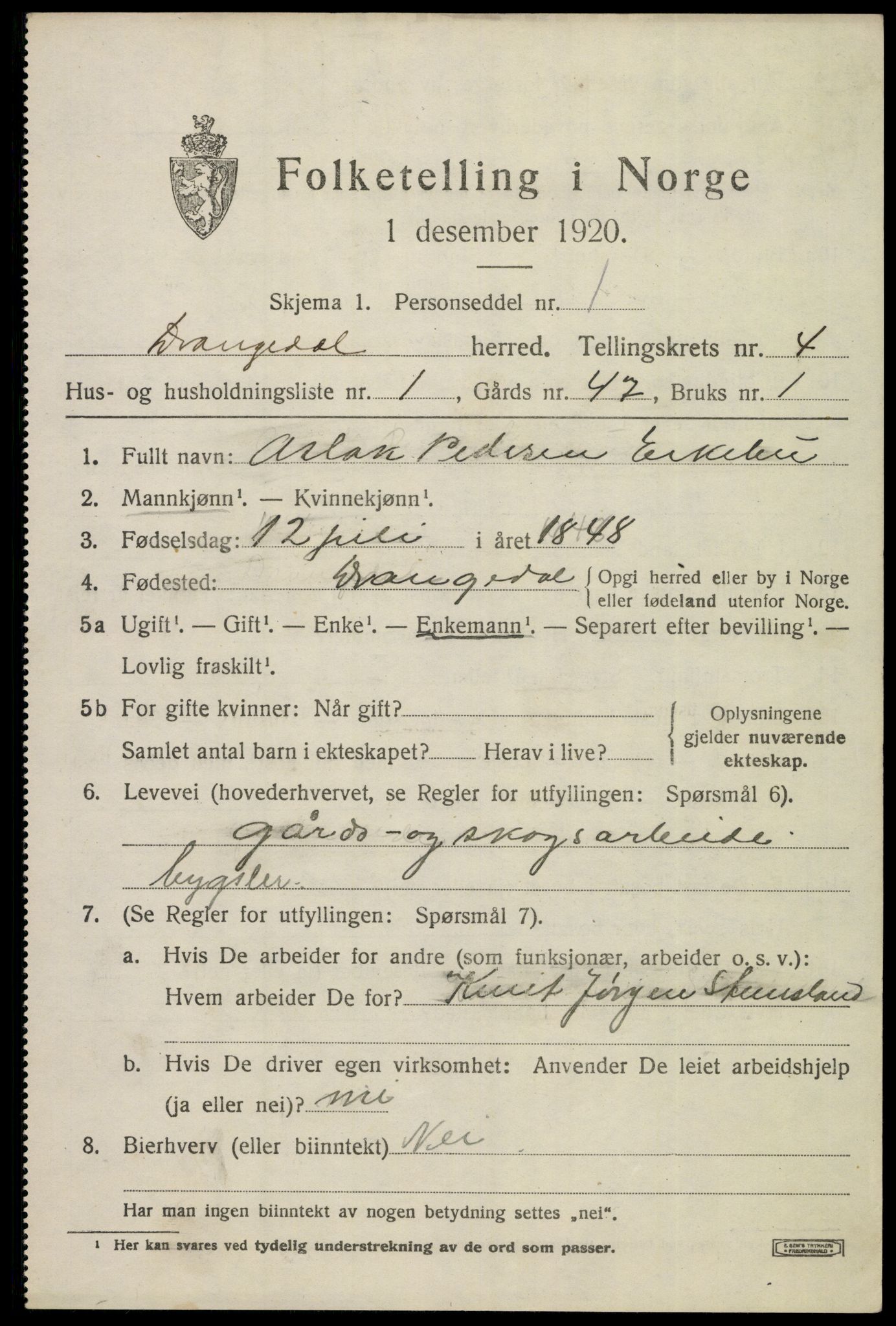 SAKO, 1920 census for Drangedal, 1920, p. 3147