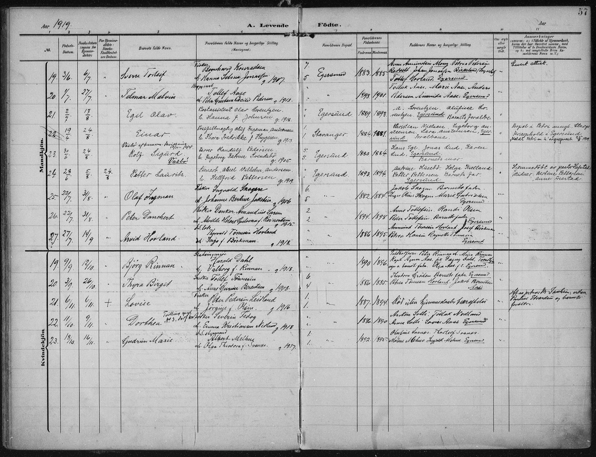 Eigersund sokneprestkontor, AV/SAST-A-101807/S08/L0022: Parish register (official) no. A 21, 1905-1928, p. 57