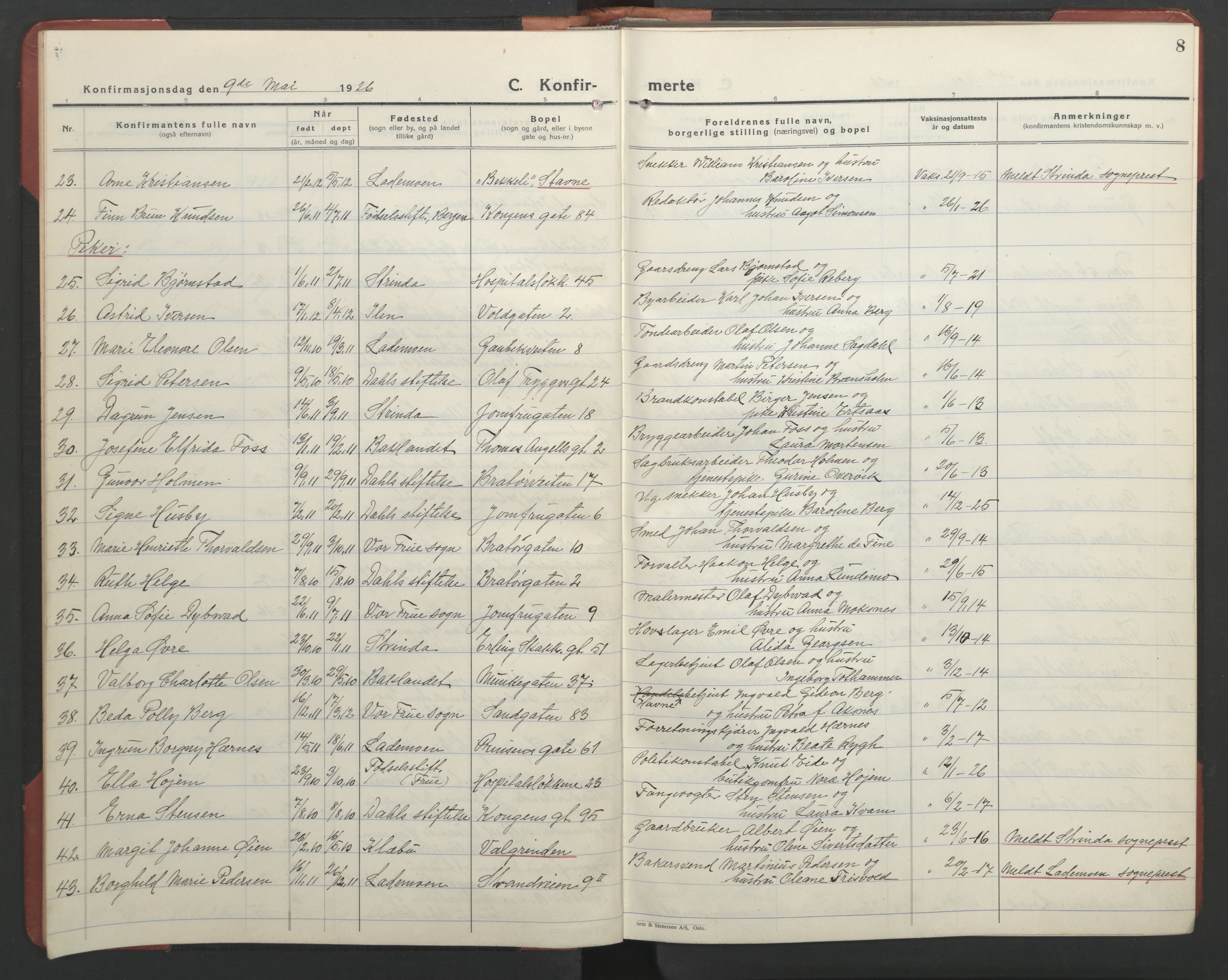 Ministerialprotokoller, klokkerbøker og fødselsregistre - Sør-Trøndelag, SAT/A-1456/602/L0151: Parish register (copy) no. 602C19, 1925-1951, p. 8