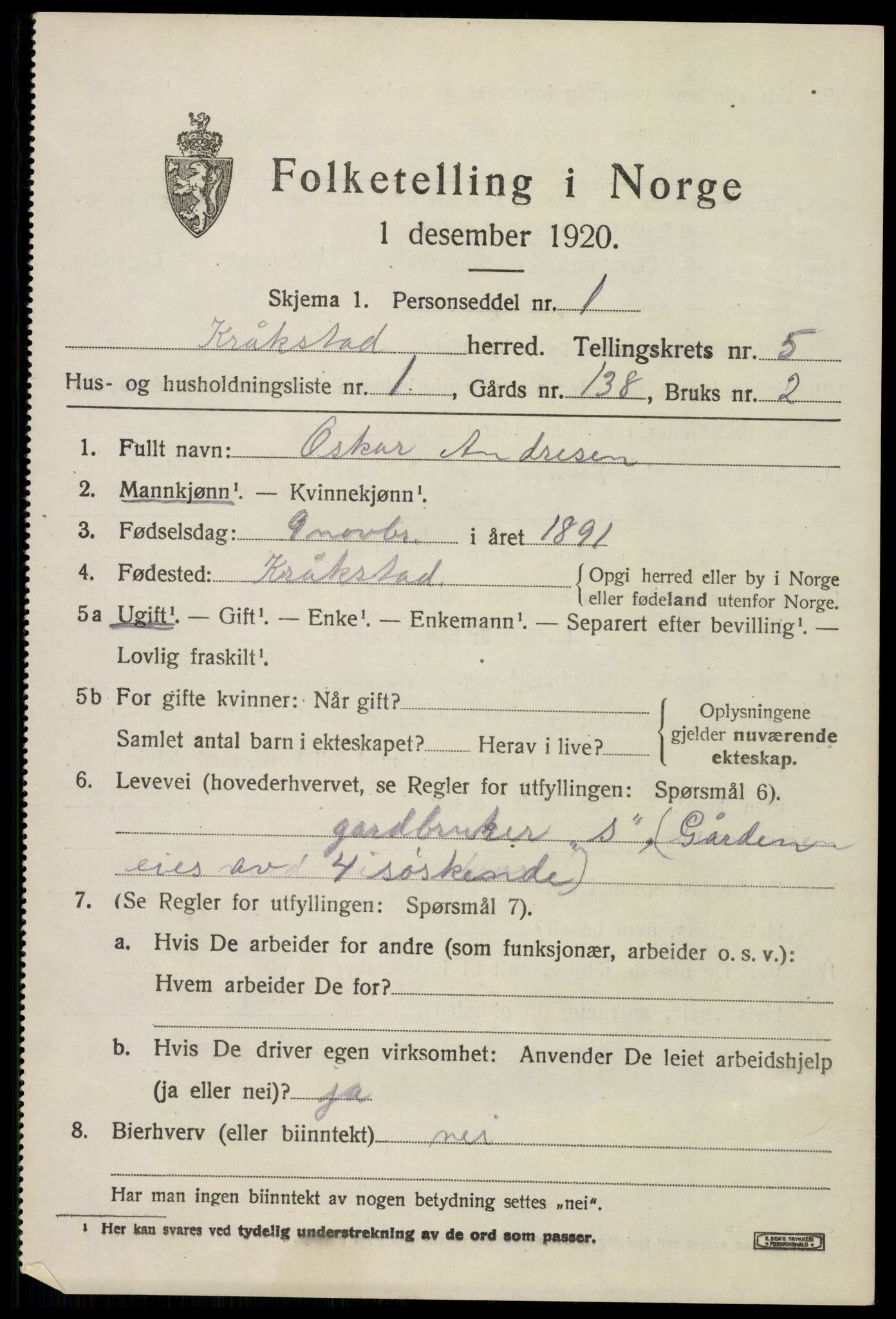 SAO, 1920 census for Kråkstad, 1920, p. 4801