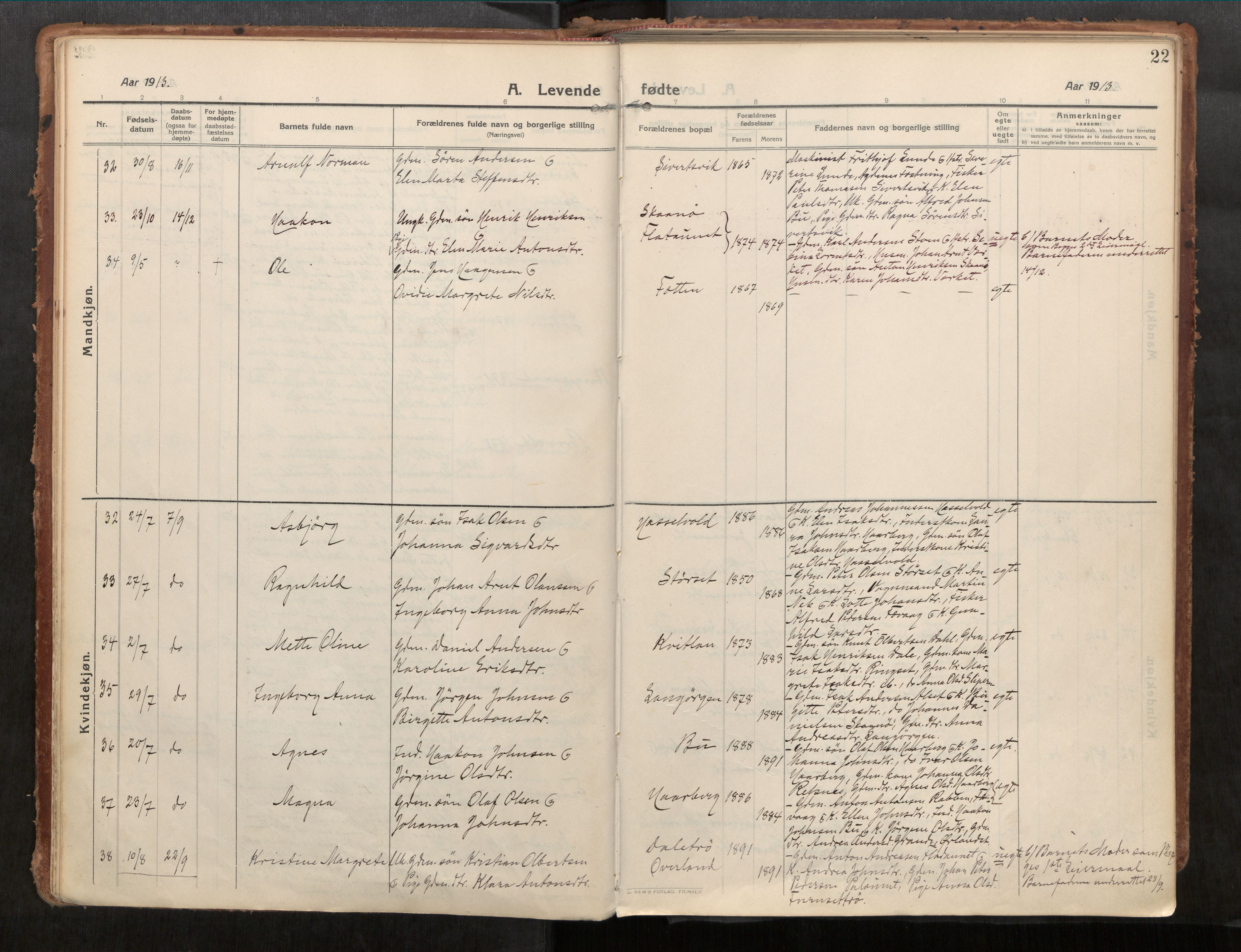 Stadsbygd sokneprestkontor, AV/SAT-A-1117/1/I/I1/I1a/L0001: Parish register (official) no. 1, 1911-1929, p. 22