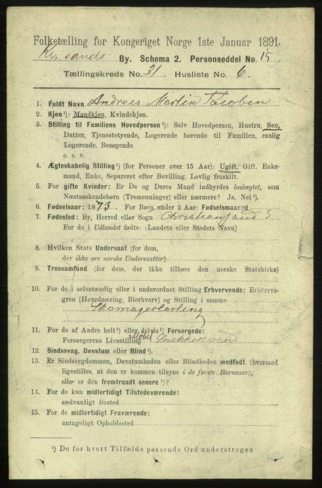 RA, 1891 census for 1001 Kristiansand, 1891, p. 9782