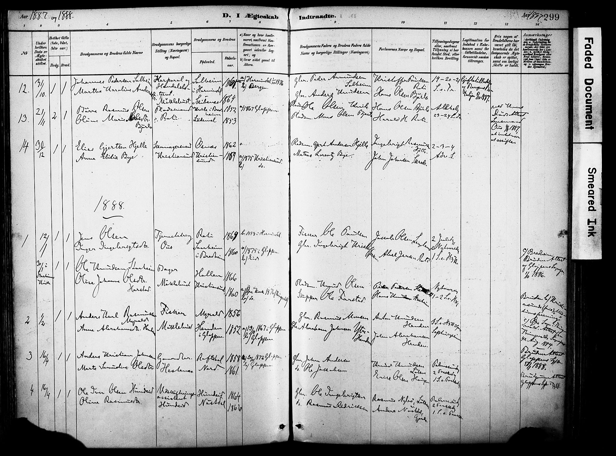 Eid sokneprestembete, SAB/A-82301/H/Haa/Haab/L0001: Parish register (official) no. B 1, 1879-1906, p. 299