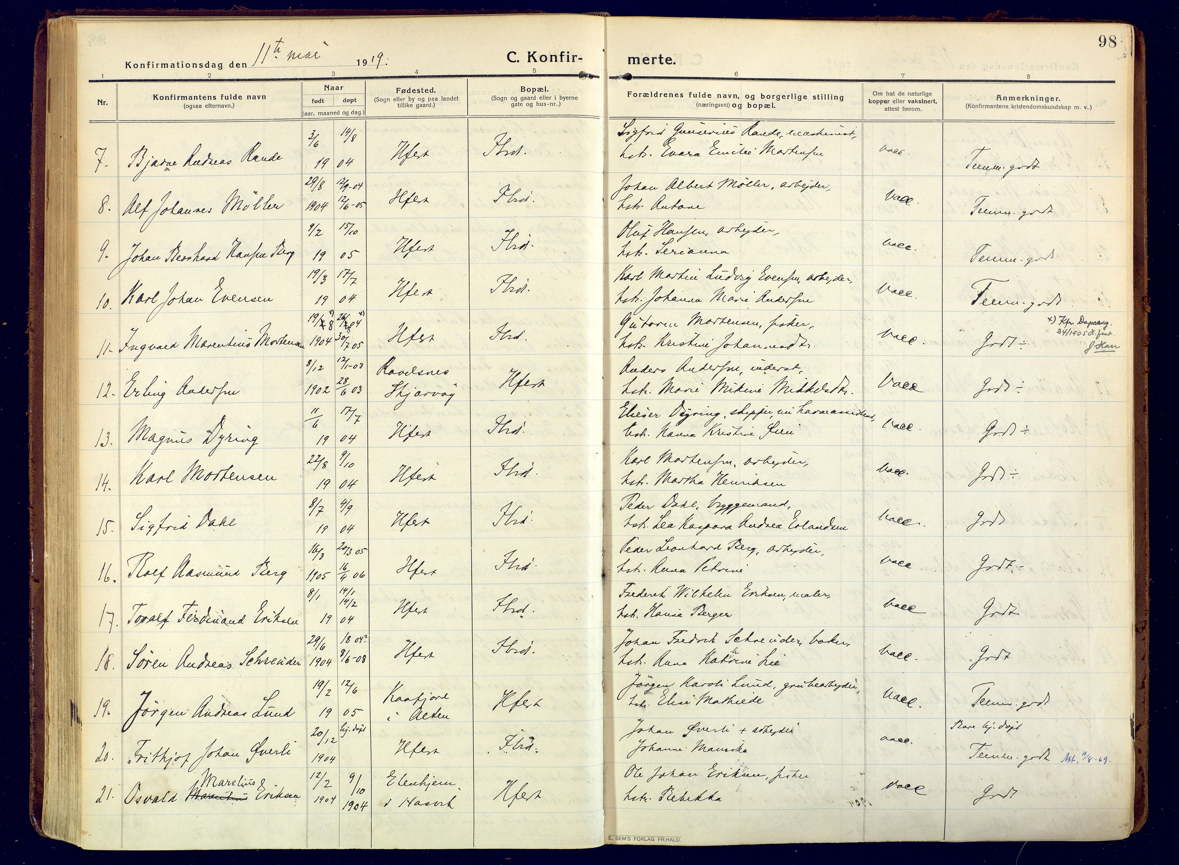 Hammerfest sokneprestkontor, SATØ/S-1347/H/Ha/L0015.kirke: Parish register (official) no. 15, 1916-1923, p. 98