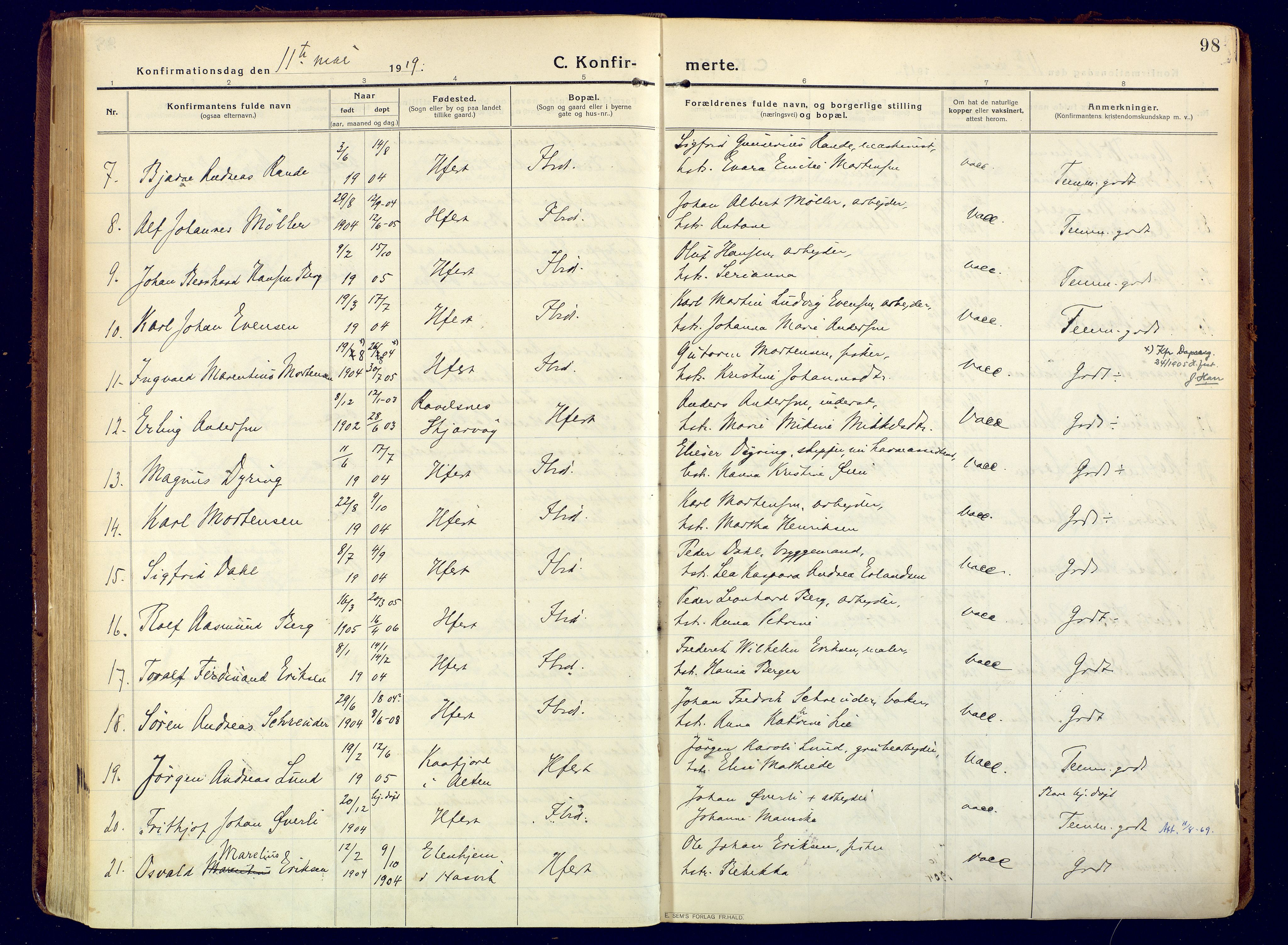 Hammerfest sokneprestkontor, AV/SATØ-S-1347/H/Ha/L0015.kirke: Parish register (official) no. 15, 1916-1923, p. 98