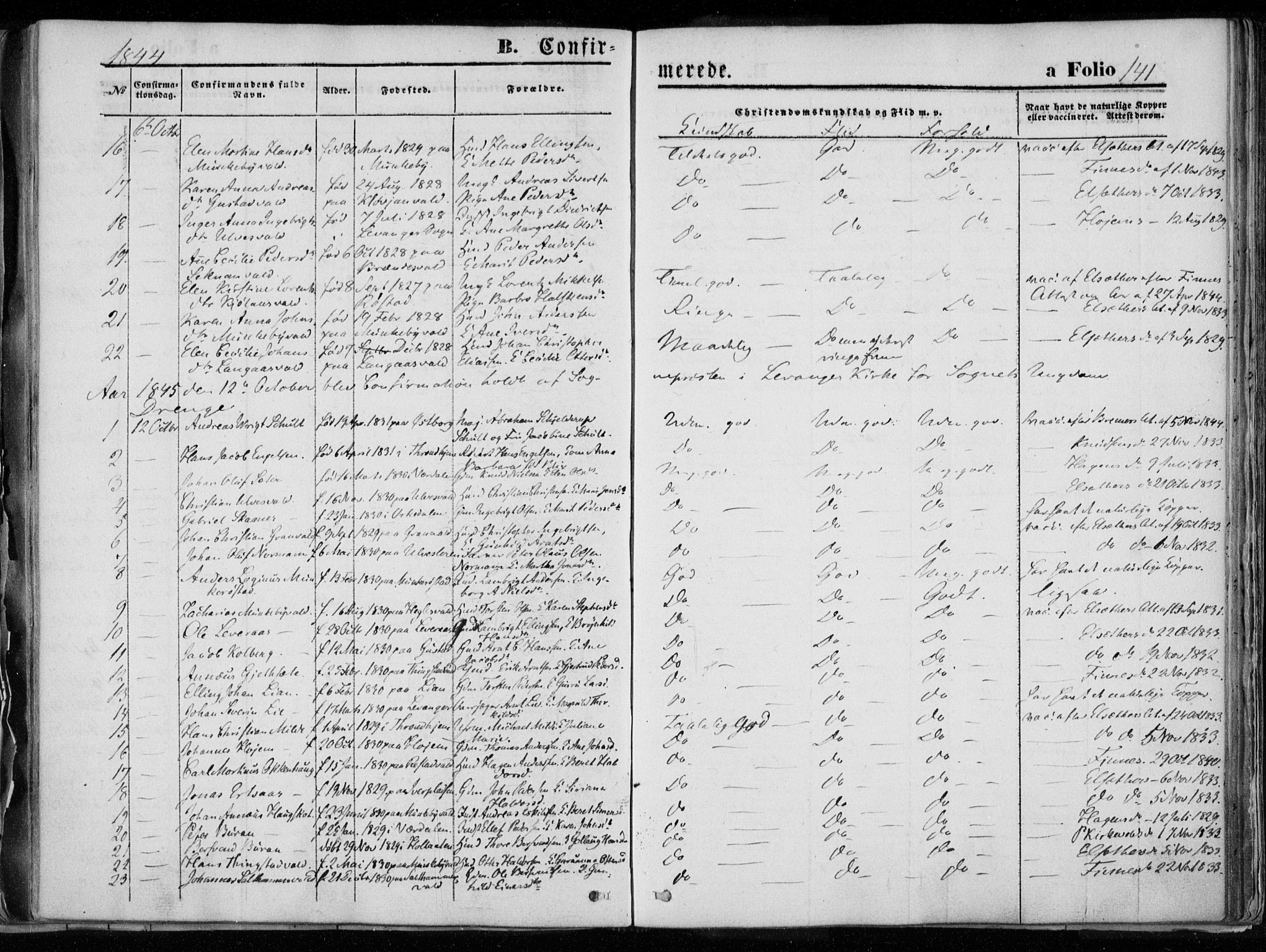 Ministerialprotokoller, klokkerbøker og fødselsregistre - Nord-Trøndelag, AV/SAT-A-1458/720/L0183: Parish register (official) no. 720A01, 1836-1855, p. 141