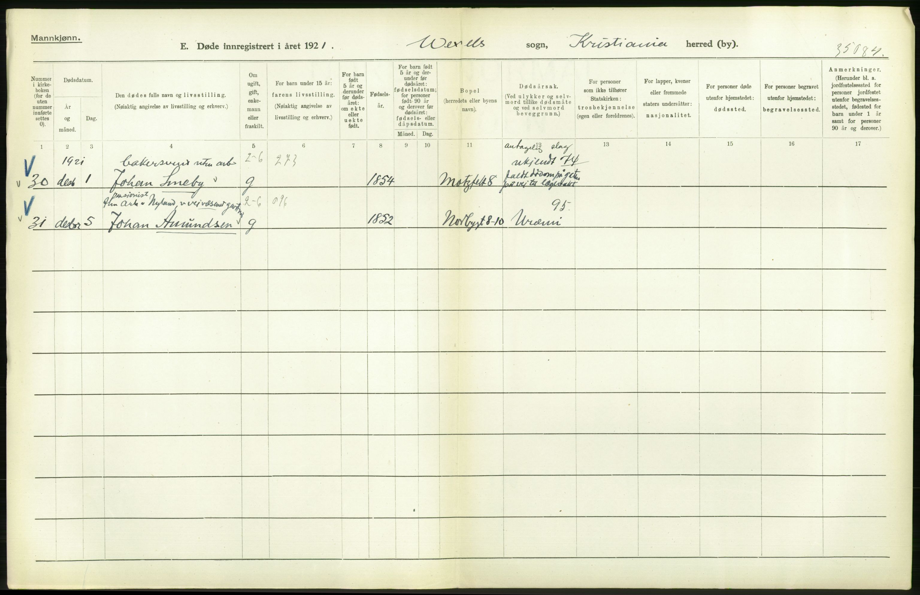 Statistisk sentralbyrå, Sosiodemografiske emner, Befolkning, AV/RA-S-2228/D/Df/Dfc/Dfca/L0013: Kristiania: Døde, dødfødte, 1921, p. 436