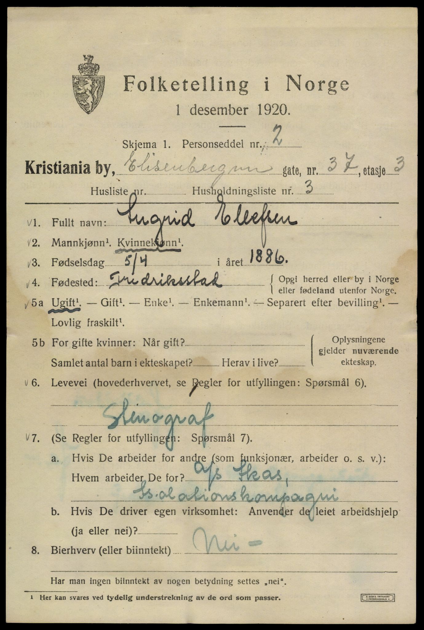 SAO, 1920 census for Kristiania, 1920, p. 215033