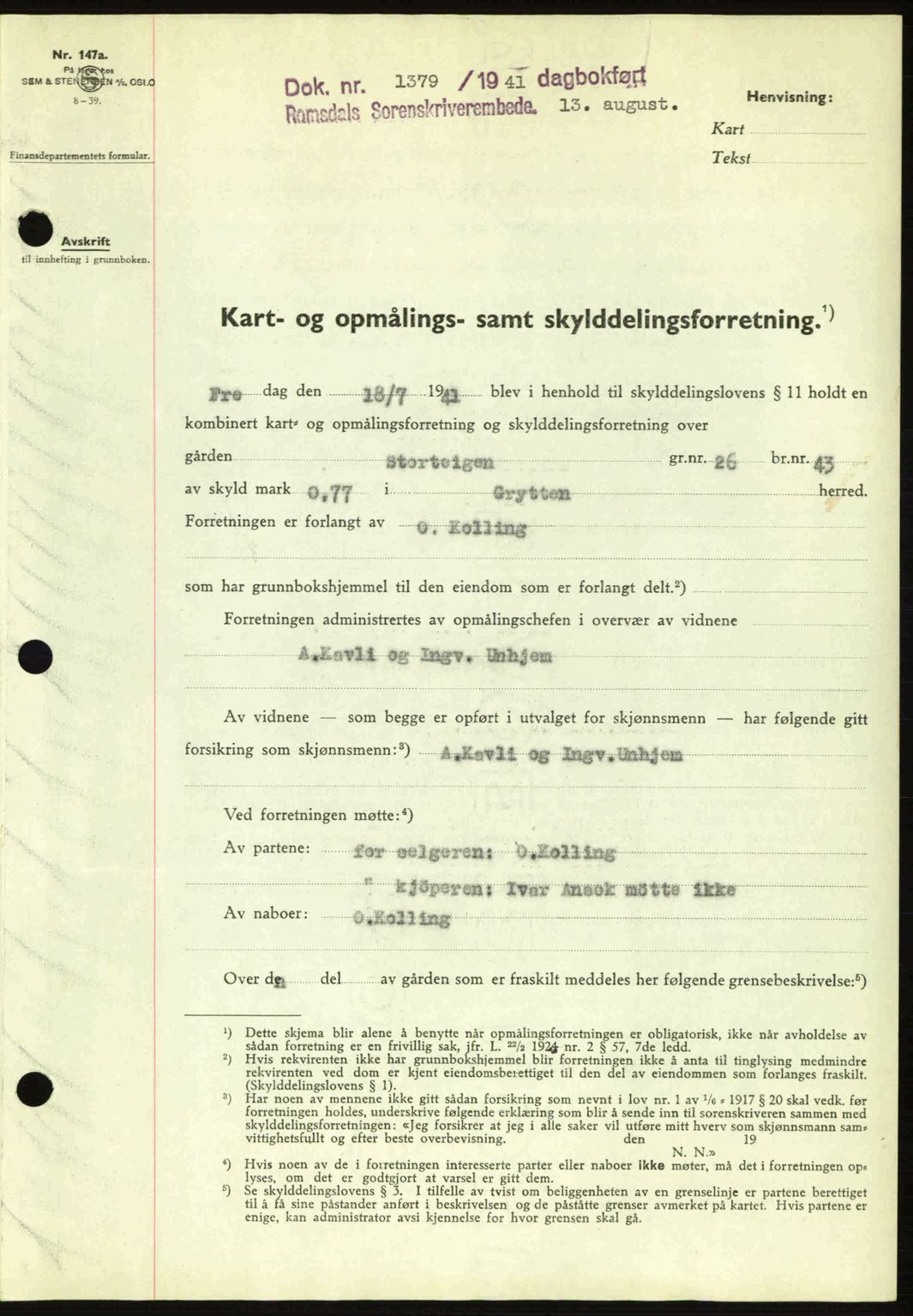 Romsdal sorenskriveri, AV/SAT-A-4149/1/2/2C: Mortgage book no. A10, 1941-1941, Diary no: : 1379/1941