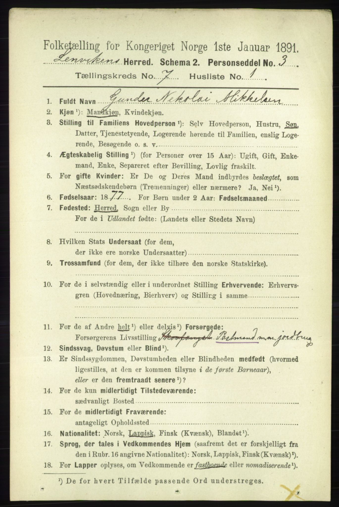 RA, 1891 census for 1931 Lenvik, 1891, p. 3785