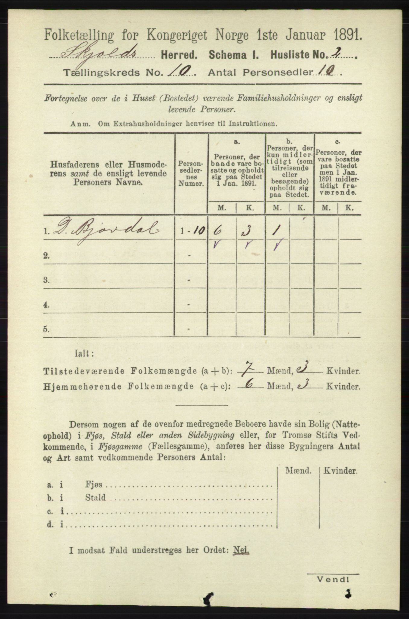 RA, 1891 census for 1154 Skjold, 1891, p. 1992