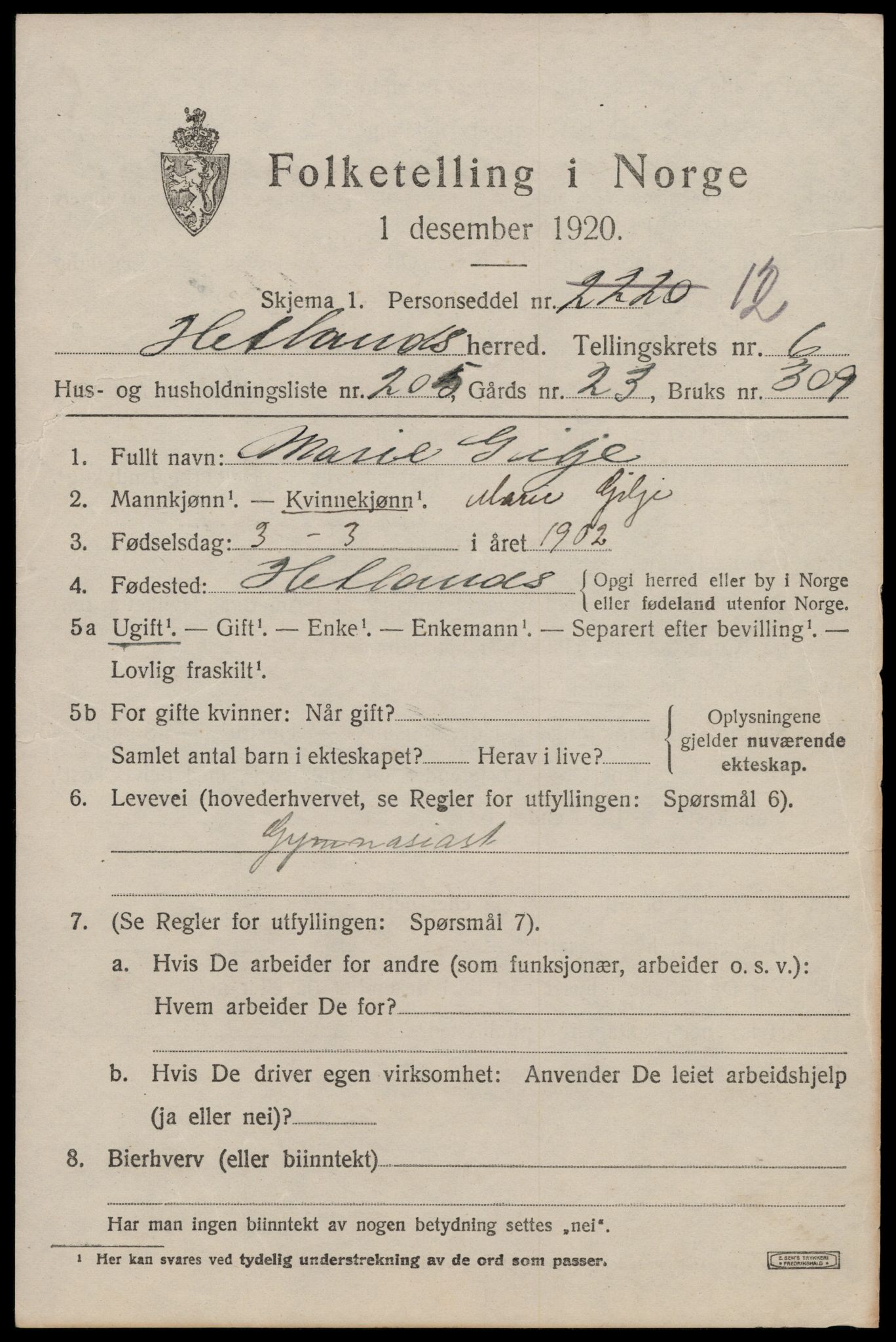 SAST, 1920 census for Hetland, 1920, p. 13883