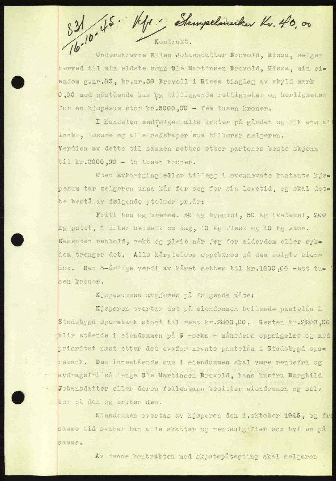 Fosen sorenskriveri, AV/SAT-A-1107/1/2/2C: Mortgage book no. A3, 1943-1945, Diary no: : 831/1945