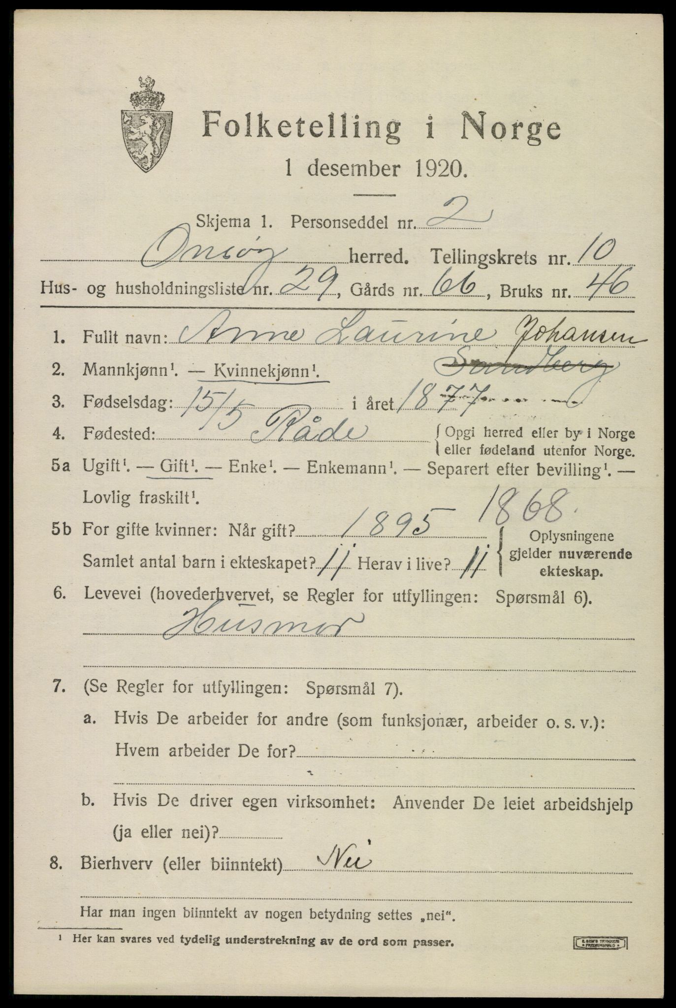 SAO, 1920 census for Onsøy, 1920, p. 13830