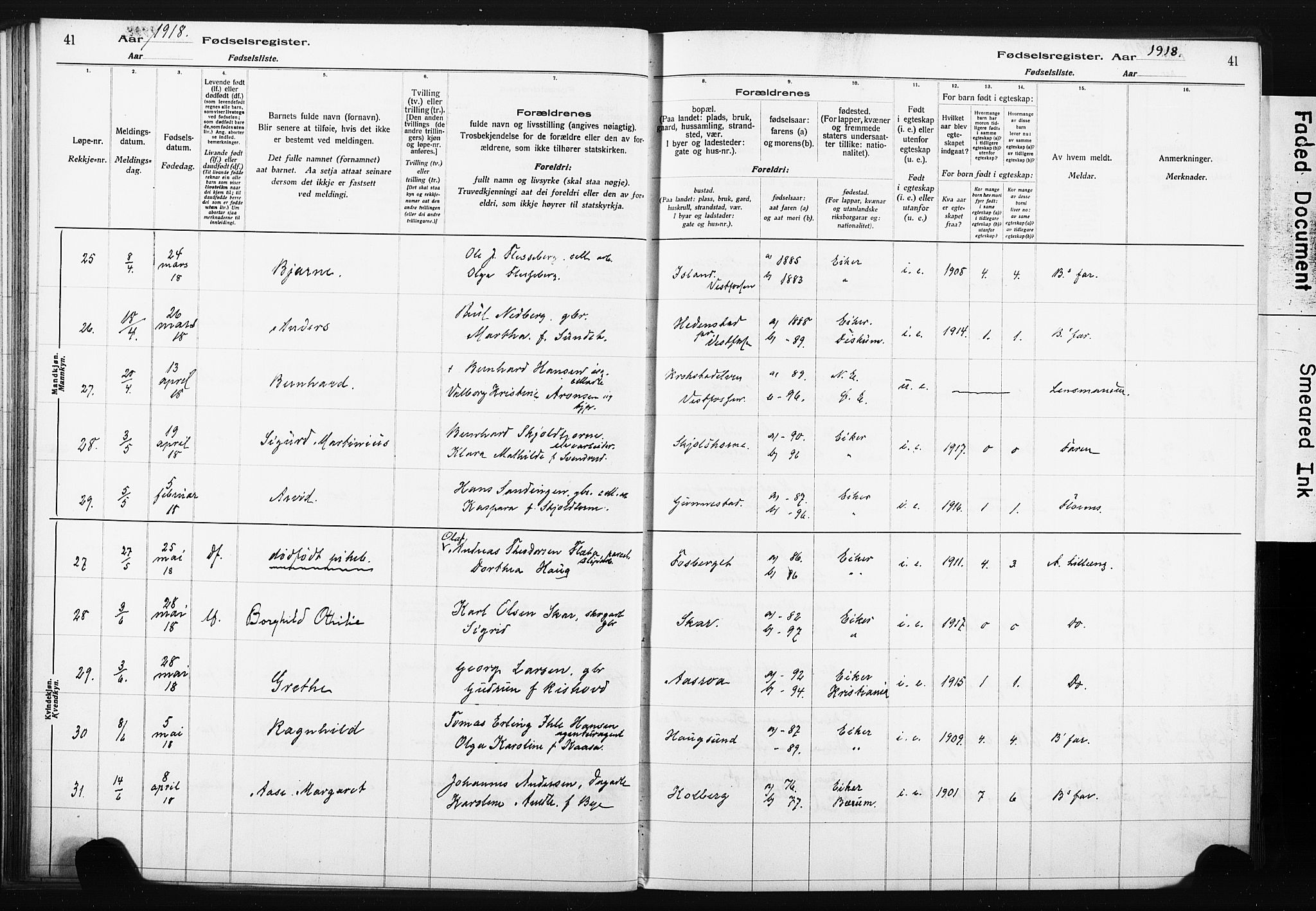 Eiker kirkebøker, AV/SAKO-A-4/J/Ja/L0001: Birth register no. I 1, 1916-1927, p. 41