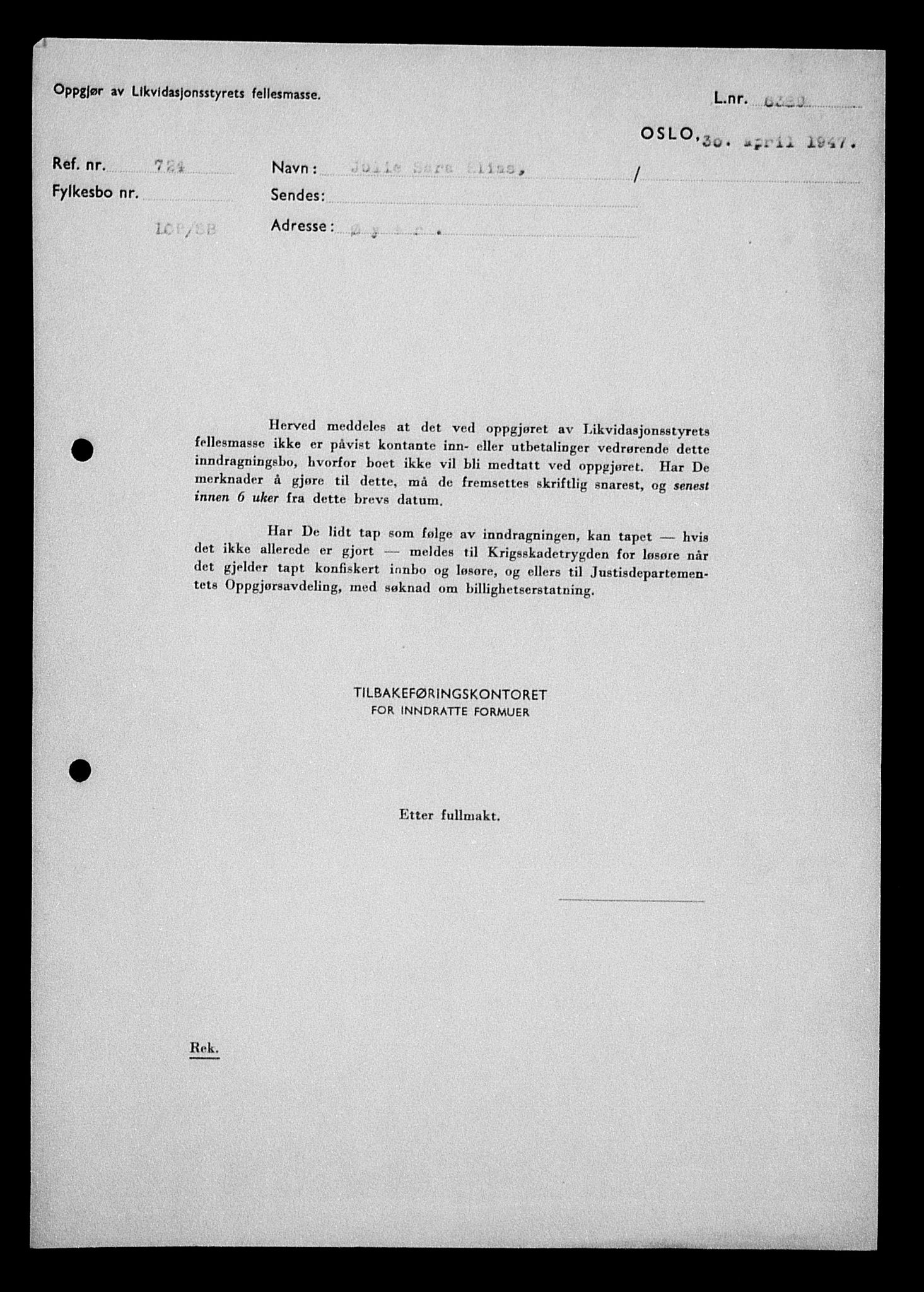 Justisdepartementet, Tilbakeføringskontoret for inndratte formuer, RA/S-1564/H/Hc/Hcd/L0995: --, 1945-1947, p. 190