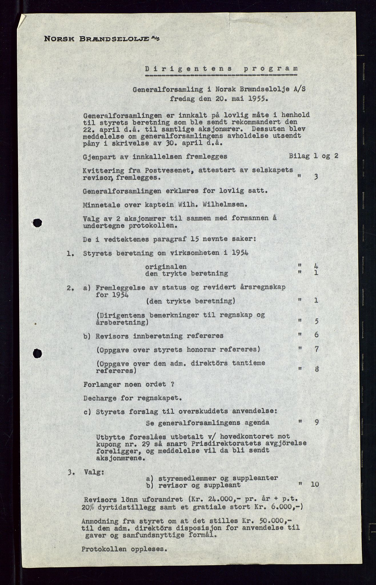 PA 1544 - Norsk Brændselolje A/S, AV/SAST-A-101965/1/A/Aa/L0007/0002: Generalforsamling / Generalforsamling 1955, 1955, p. 9